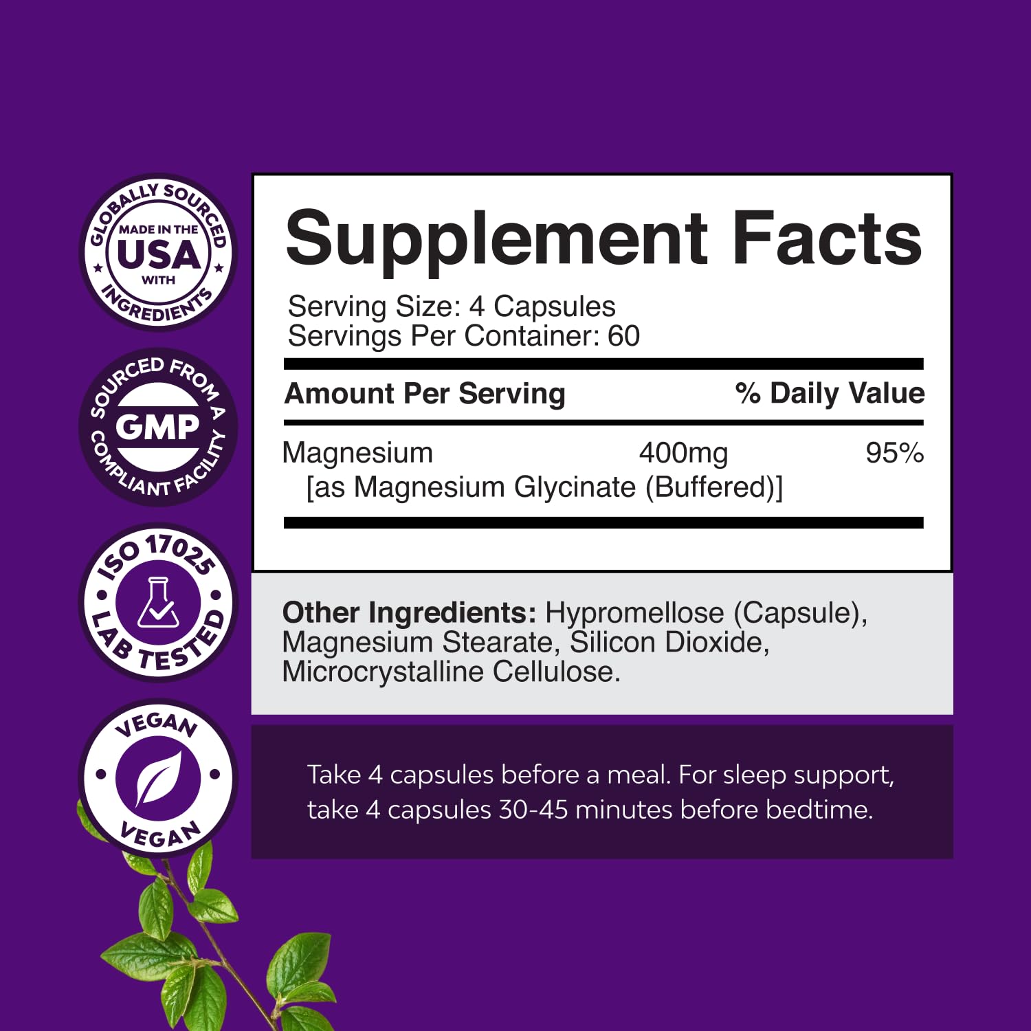 Pure Magnesium Glycinate Supplement 400mg Per Serving - Vegan High Absorption Chelated Magnesium Capsules for Women & Men with Elemental 400mg for Mood Sleep and Relaxation Support - 240 Count