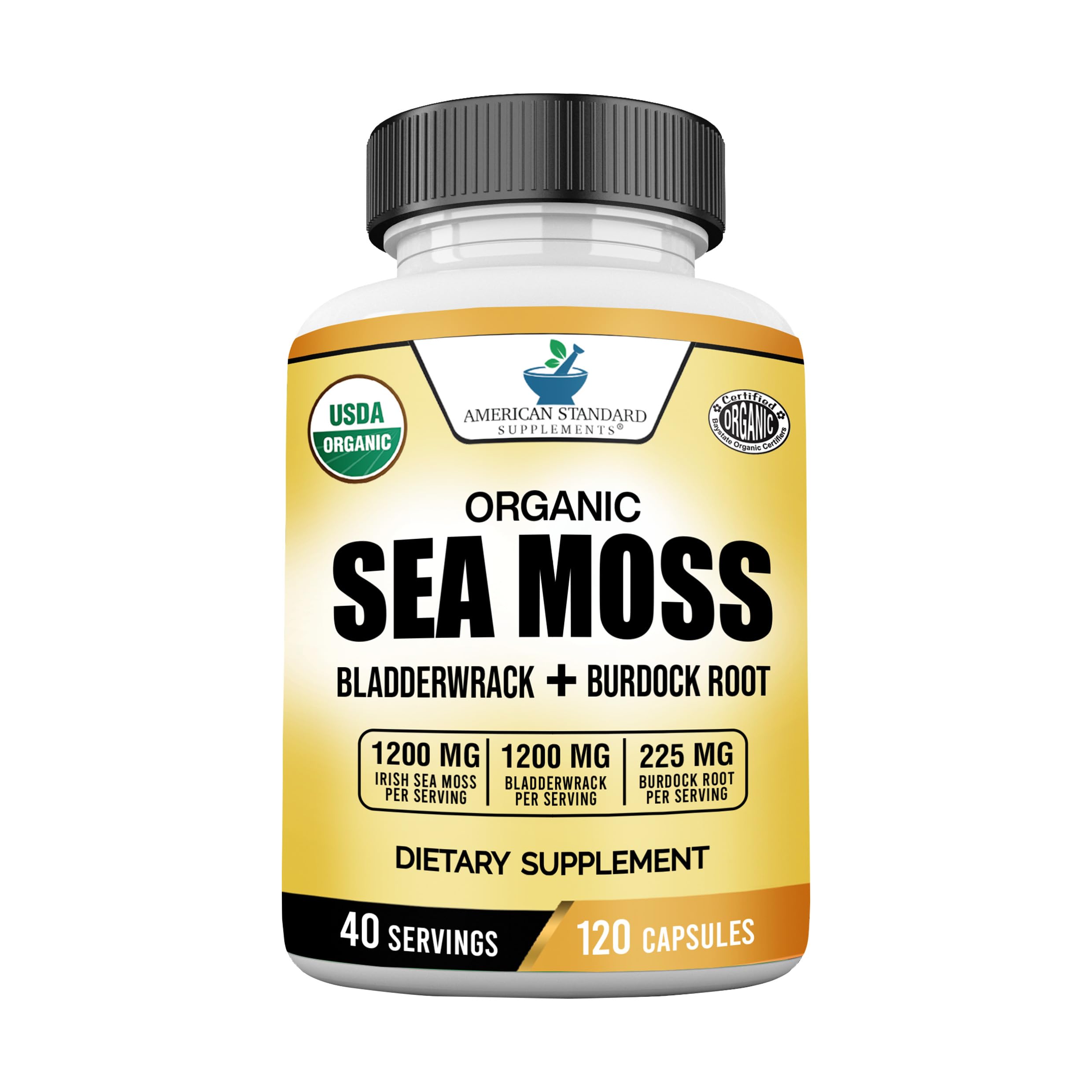 American Standard Supplements Organic Sea Moss, Bladderwrack & Burdock Root Capsules - 1200mg Seamoss, 1200mg Bladderwrack, 225mg Burdock Root Per Serving - 120 Capsules, 40 Servings