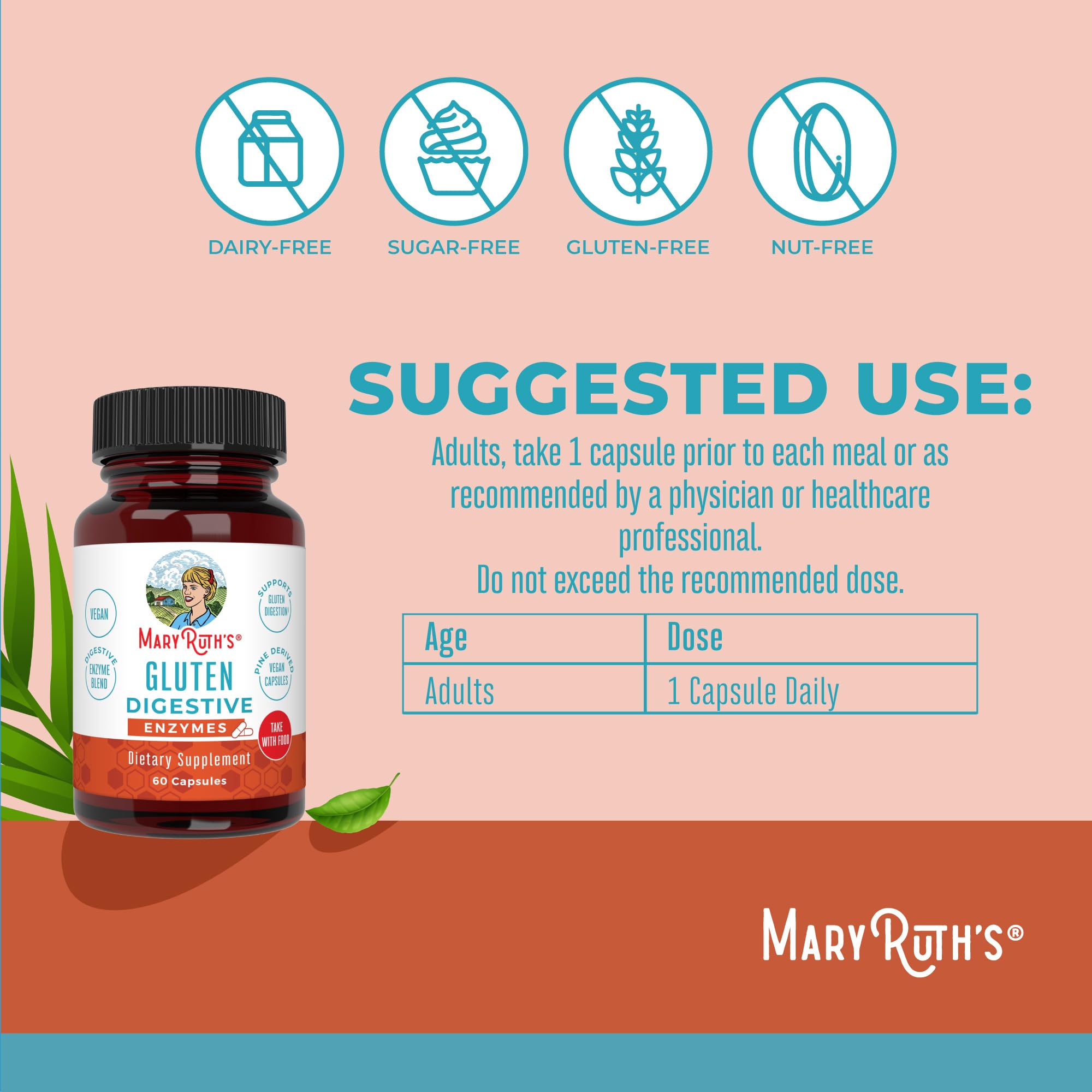 MaryRuth’s Gluten Digestive Enzymes | Up to 2 Month Supply | Proprietary Enzyme Blend | Vegan Pine-Based Capsules | Non-GMO | 60 Count
