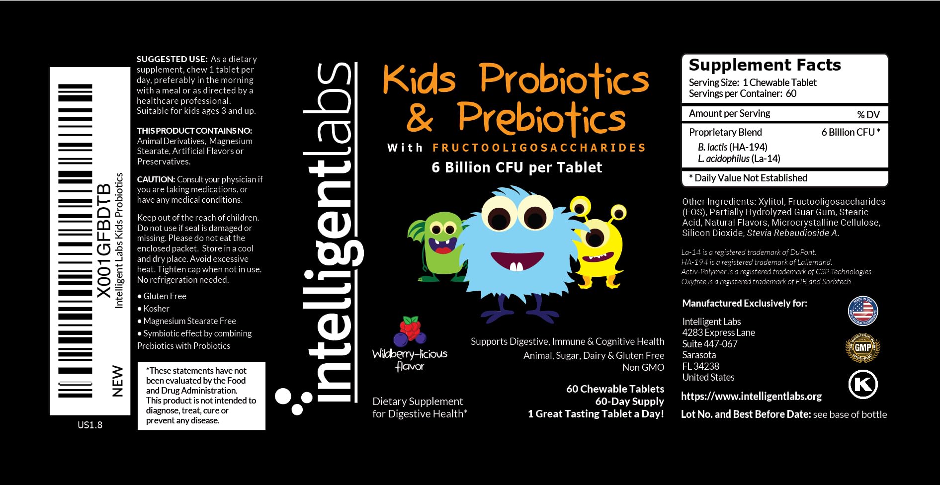 Intelligent Labs Kids/Children Probiotics 6 Billion CFU with Prebiotics, PHGG & FOS, Once-Daily Chewable, Great Taste, 10x Effectiveness, 60-Day Supply, Third-Party Verified
