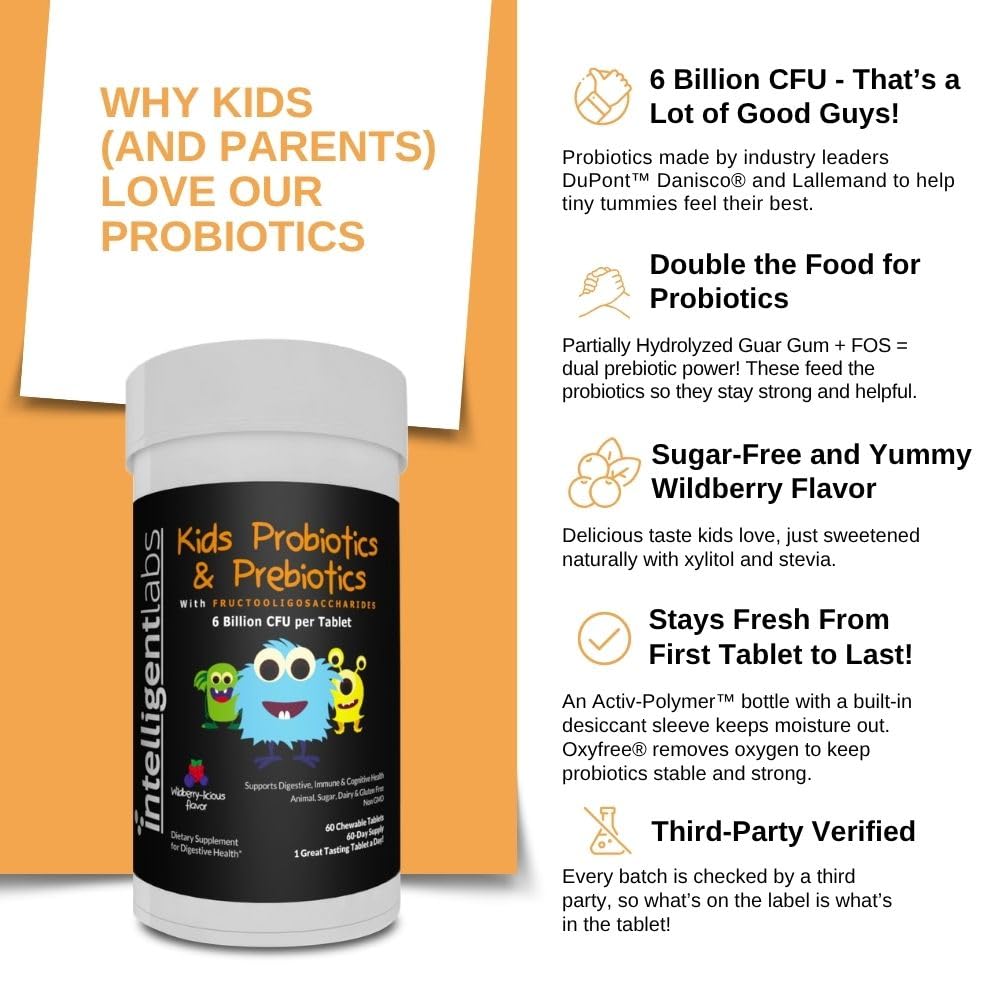 Intelligent Labs Kids/Children Probiotics 6 Billion CFU with Prebiotics, PHGG & FOS, Once-Daily Chewable, Great Taste, 10x Effectiveness, 60-Day Supply, Third-Party Verified