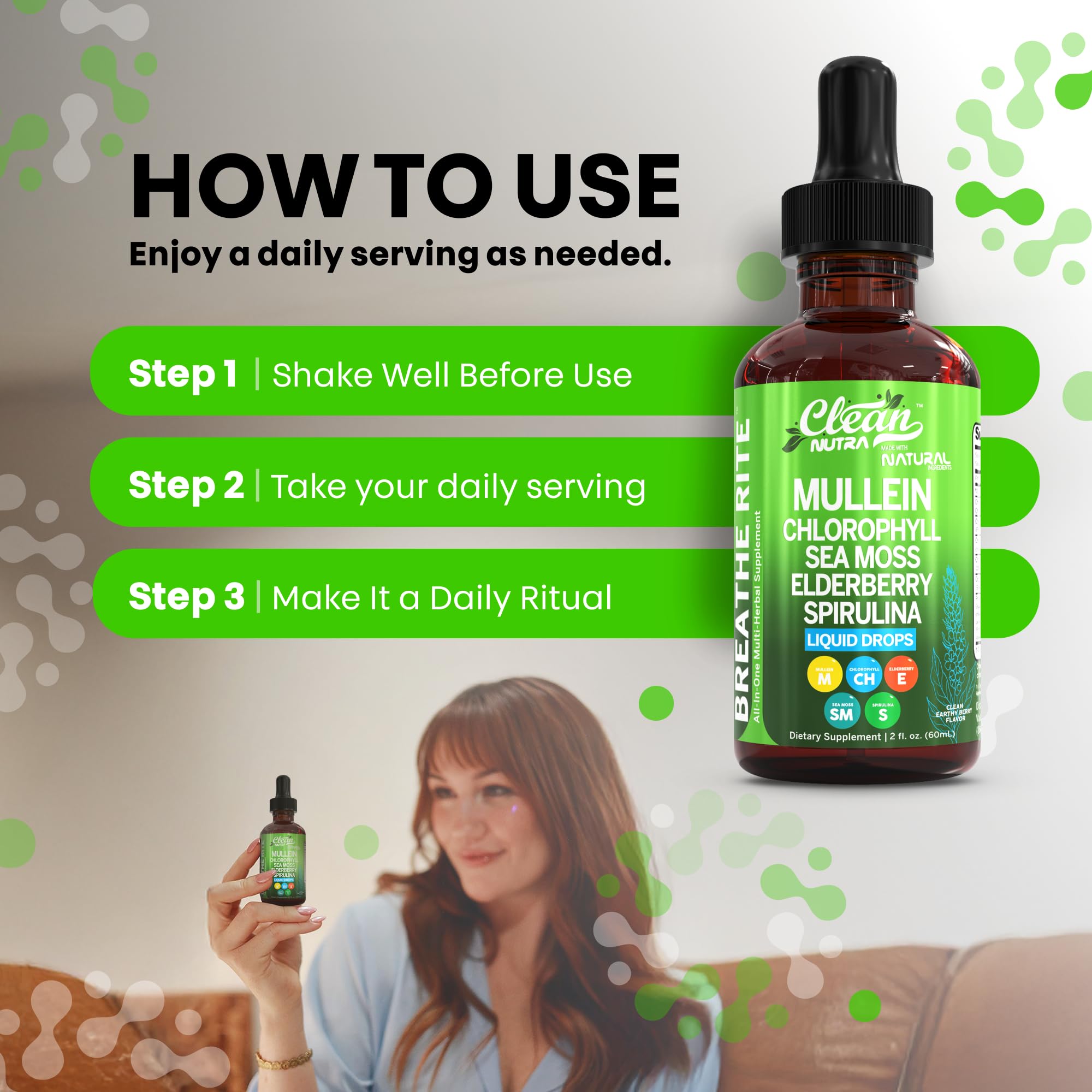 Clean Nutra Mullein Drops for Lungs Organic Chlorophyll Liquid Irish Sea Moss, Spirulina, Licorice, Tart Cherry Lobelia, Motherwort & Elderberry Mullein Leaf Extract Tincture Men Women Supplement