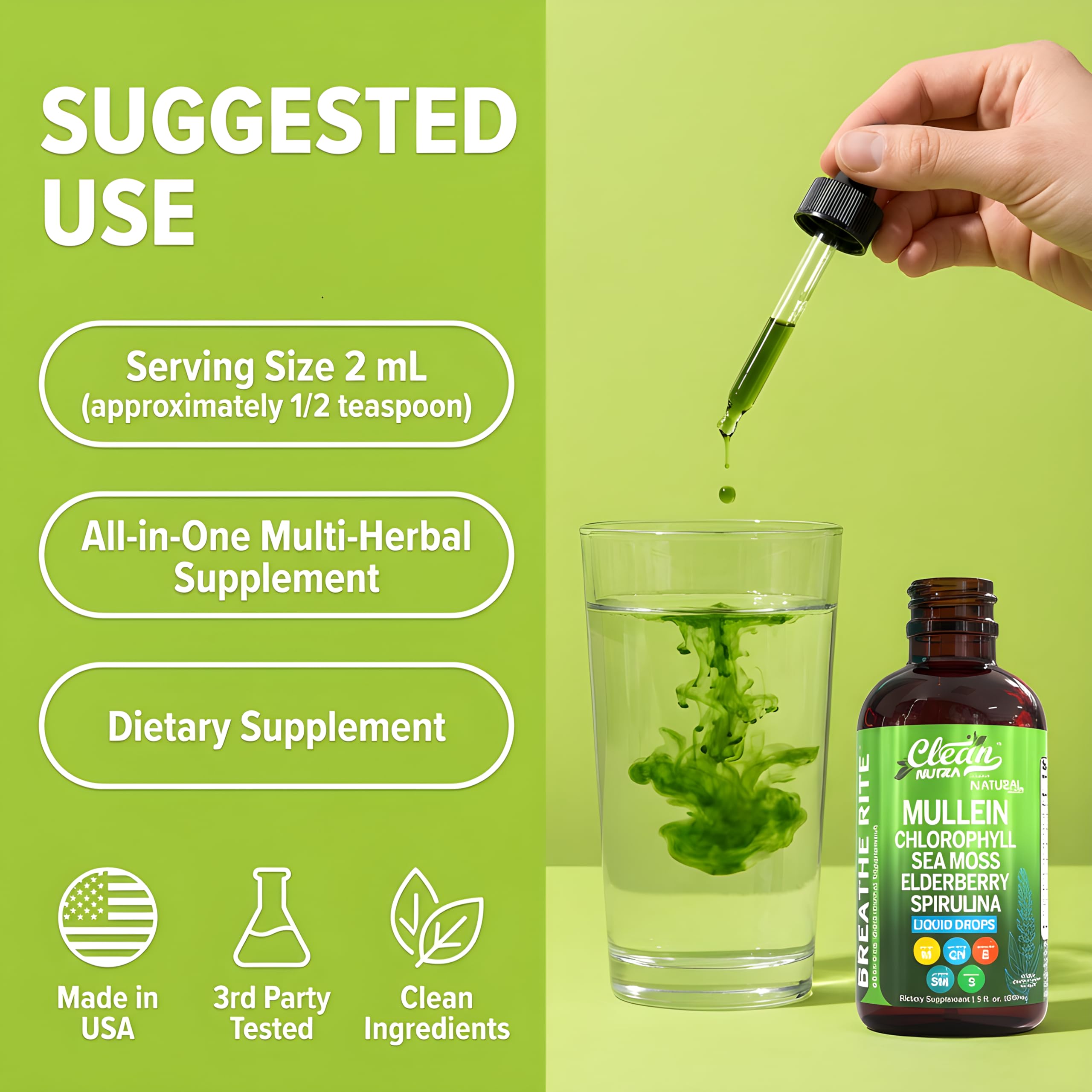 Clean Nutra Mullein Drops for Lungs Organic Chlorophyll Liquid Irish Sea Moss, Spirulina, Licorice, Tart Cherry Lobelia, Motherwort & Elderberry Mullein Leaf Extract Tincture Men Women Supplement