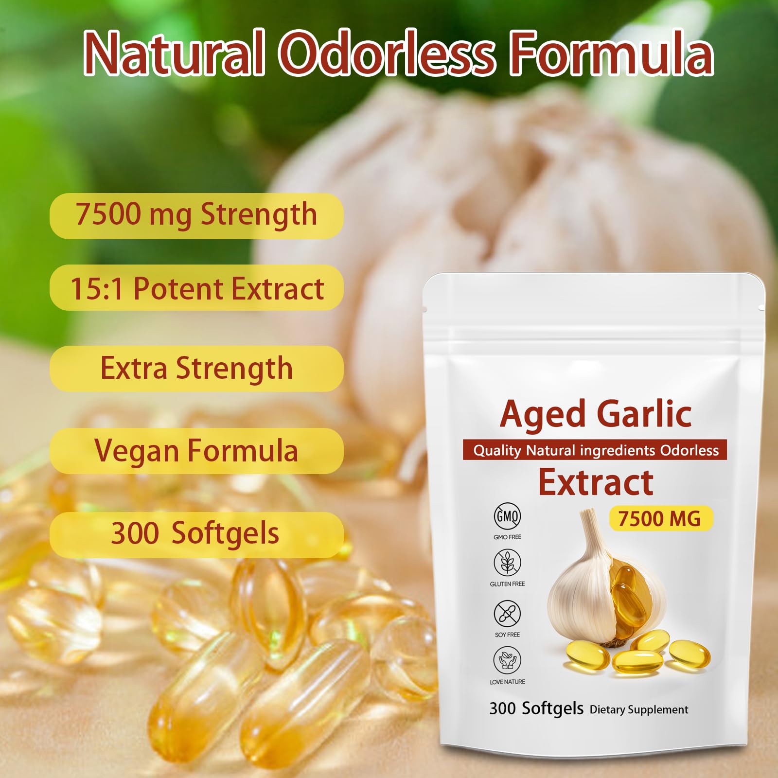 Aged Garlic Extract, 300 Softgels, 7500mg Odorless | Heart & Immune Antioxidant Supplements, Vegetarian, All-Natural, Non-GMO (1)