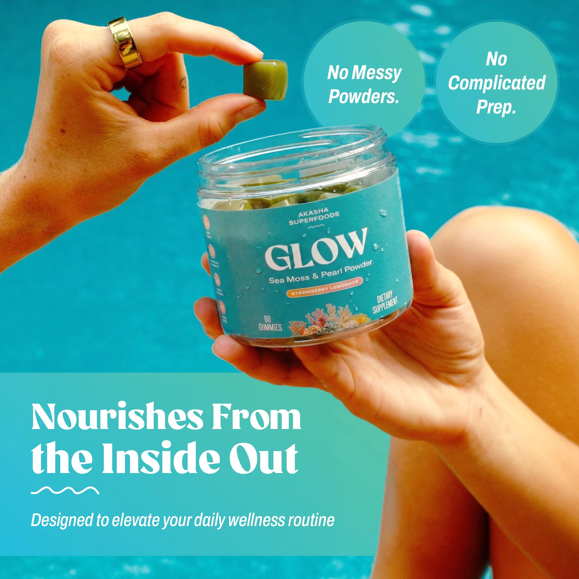 Akasha Superfoods Sea Moss Glow Gummies, Hair, Skin & Nails Vitamins with Seamoss, Pearl Powder, Vitamin E, Aloe Vera, Liposomal Vitamin C, and Irish Sea Moss, Gummies for Women & Men, 60 Count