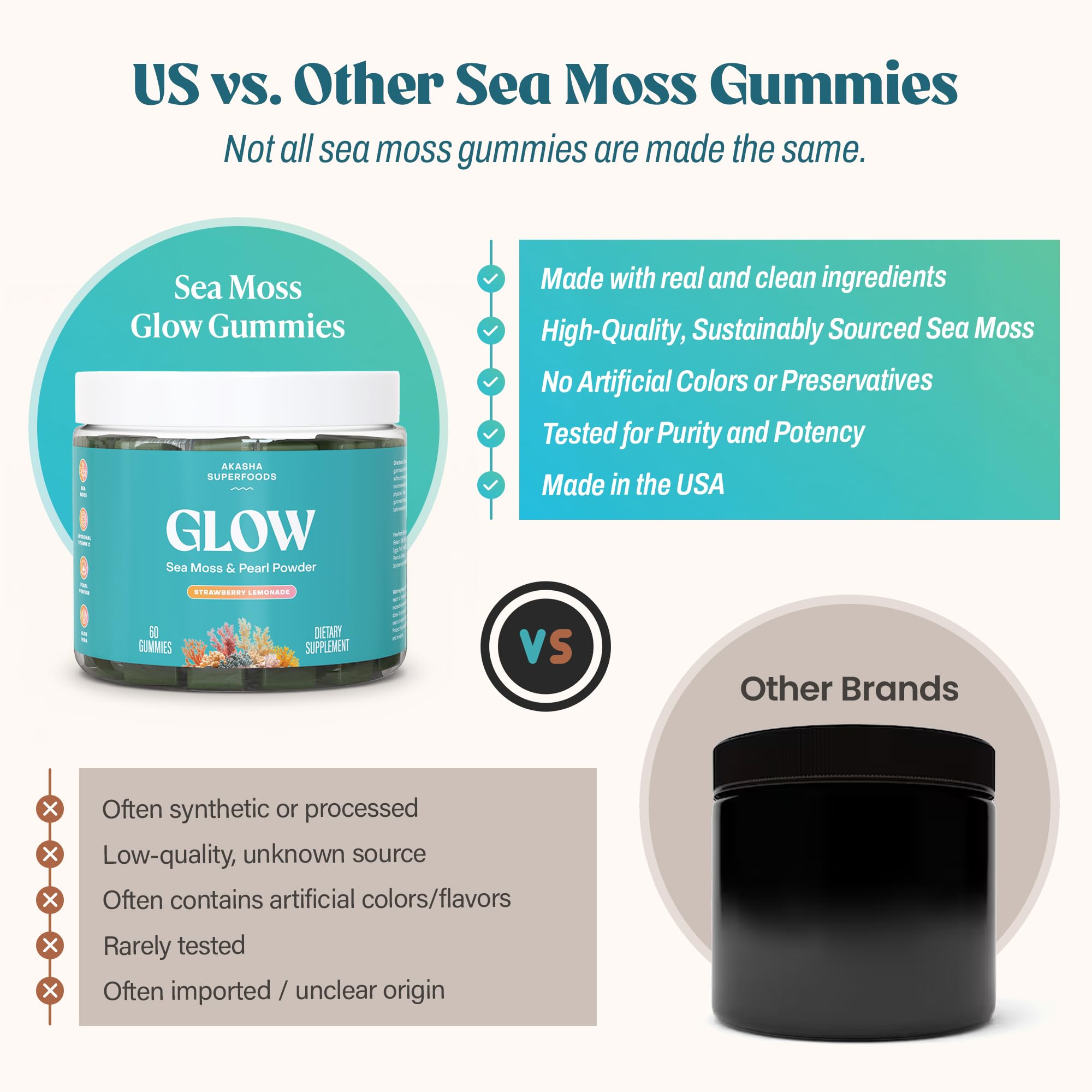 Akasha Superfoods Sea Moss Glow Gummies, Hair, Skin & Nails Vitamins with Seamoss, Pearl Powder, Vitamin E, Aloe Vera, Liposomal Vitamin C, and Irish Sea Moss, Gummies for Women & Men, 60 Count