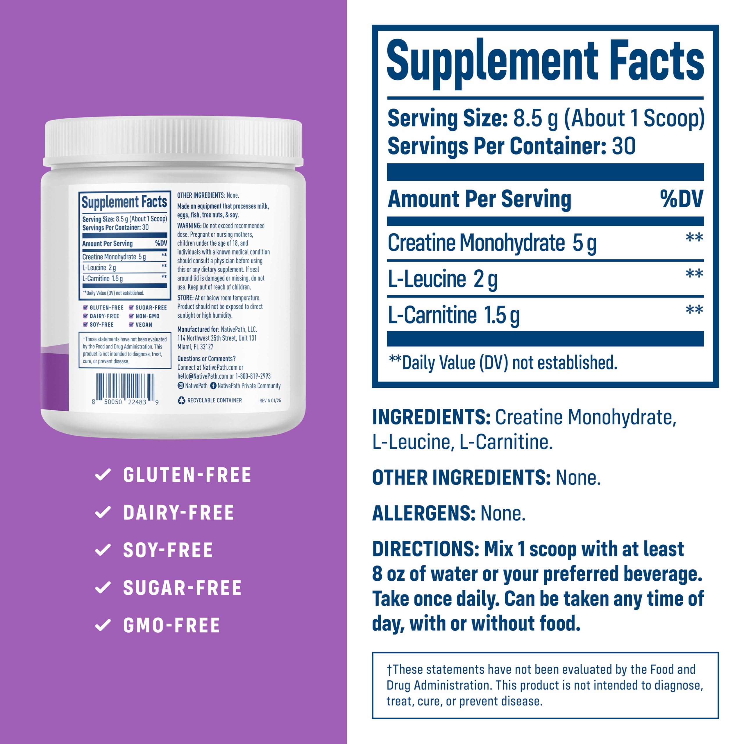 NativePath Creatine Monohydrate Powder with L-Leucine & L-Carnitine - Supports Muscle Health for Men & Women - 30 Servings