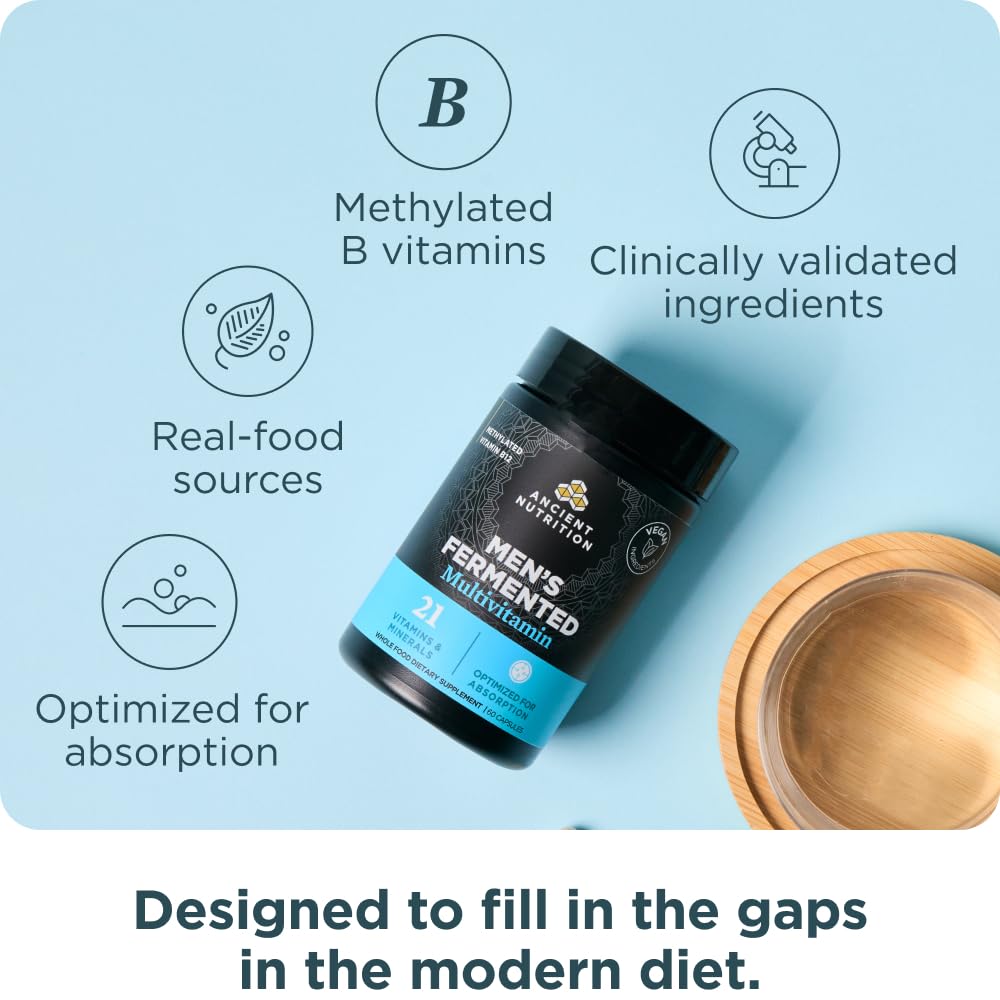 Ancient Nutrition Multivitamin for Men, Men's Fermented Multivitamin with Methylated Vitamin A, C, D, E, K, Zinc & Magnesium, Immune Support, Vegan, 60 Ct