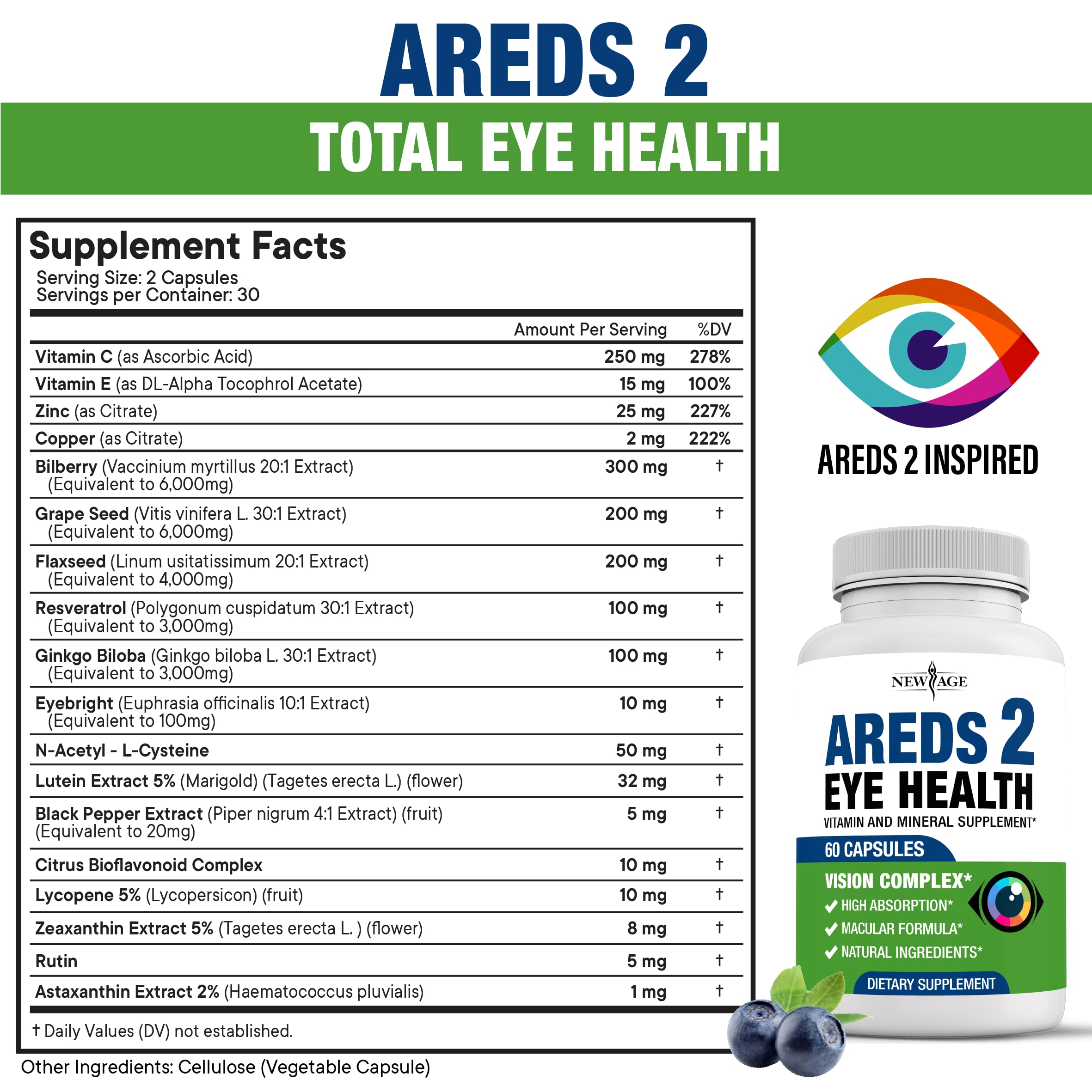 NEW AGE AREDS 2 Eye Vitamins - Lutein, Zeaxanthin, Bilberry, Astaxanthin Mineral Vision Supplement - 180 Count
