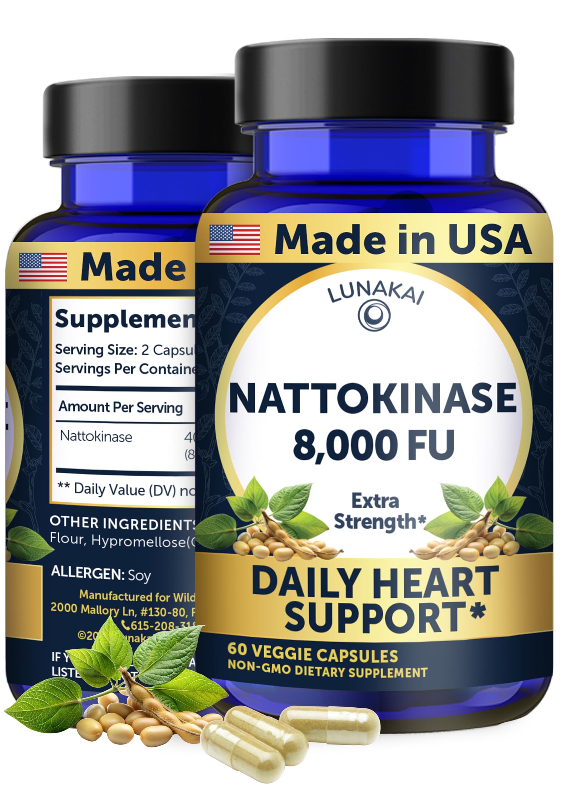 Lunakai USA Made Nattokinase Supplement – 400mg Natto Enzyme, 8000 FU per Serving – Heart & Circulation Support – Non-GMO, 60ct, 4000 FU Capsule