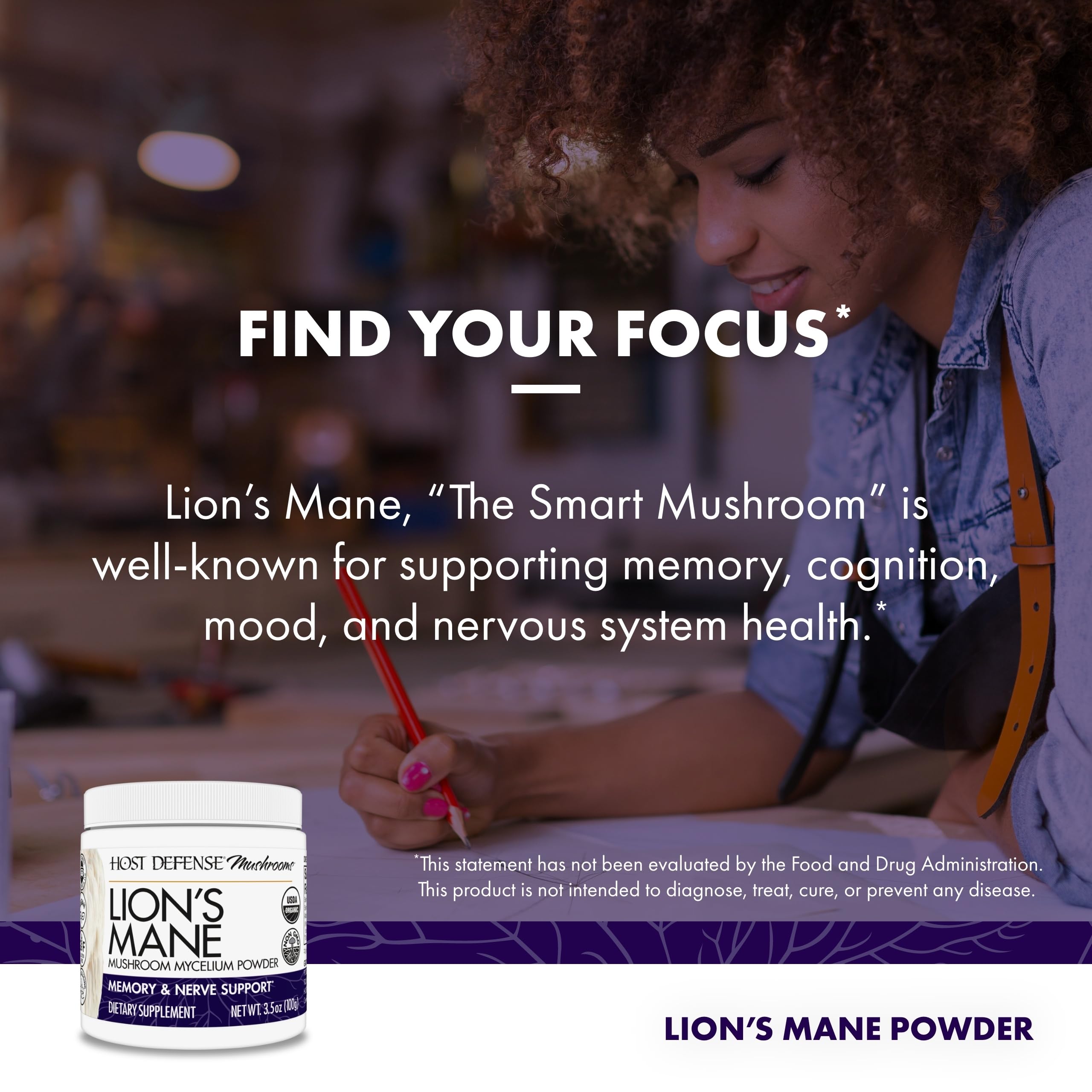 Host Defense Lion's Mane Powder - Brain Health Support Supplement - Mushroom Supplement to Support Focus & Memory Function - Immune & Nervous System Support Supplement - 3.5 oz (66 Servings)*