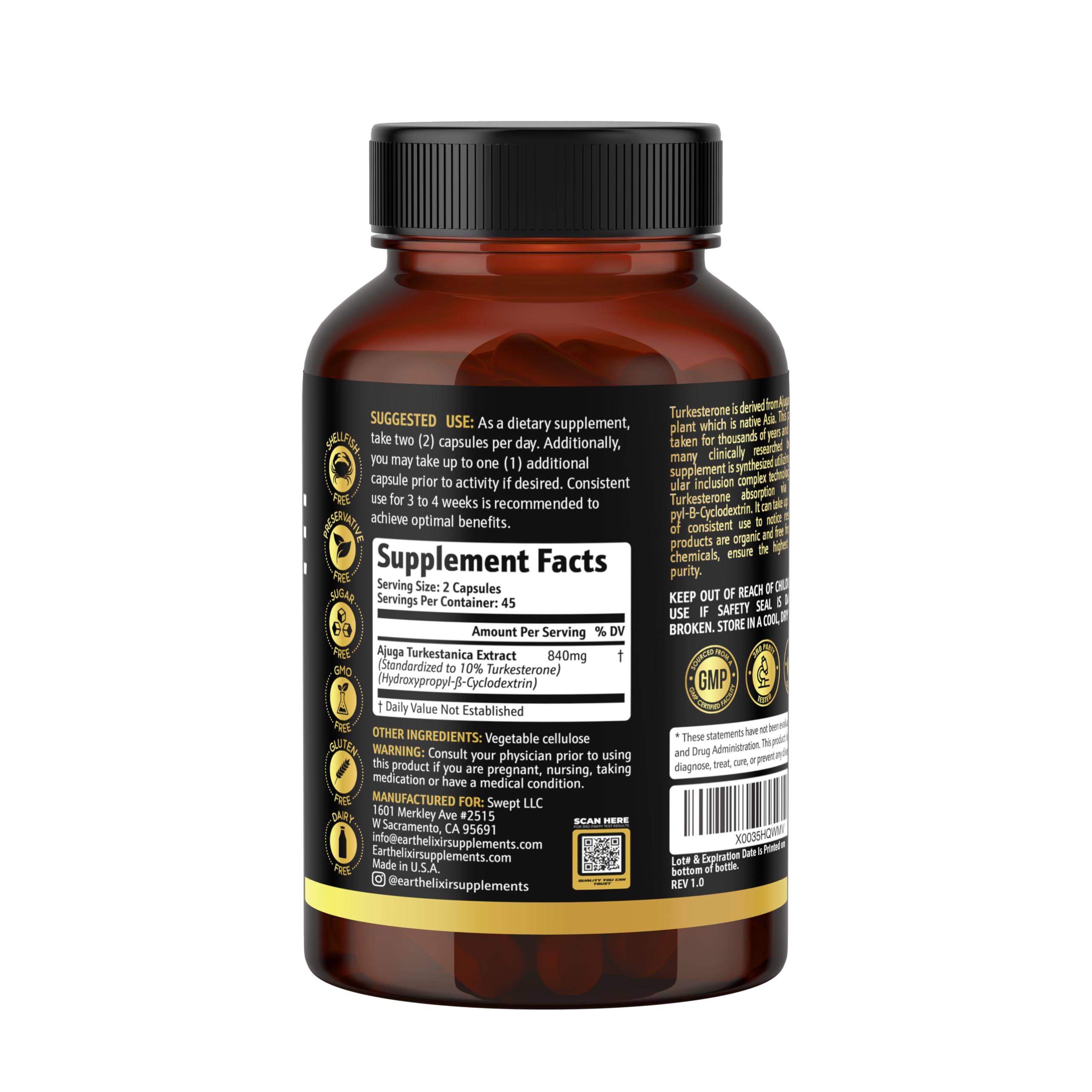 Turkesterone 840 mg – Natural Testosterone Support - 100% Pure Turkesterone Supplement for Men & Women - Ajuga Turkestanica Extract - Made in USA & 3rd Party Tested for Strength, Energy & Vitality