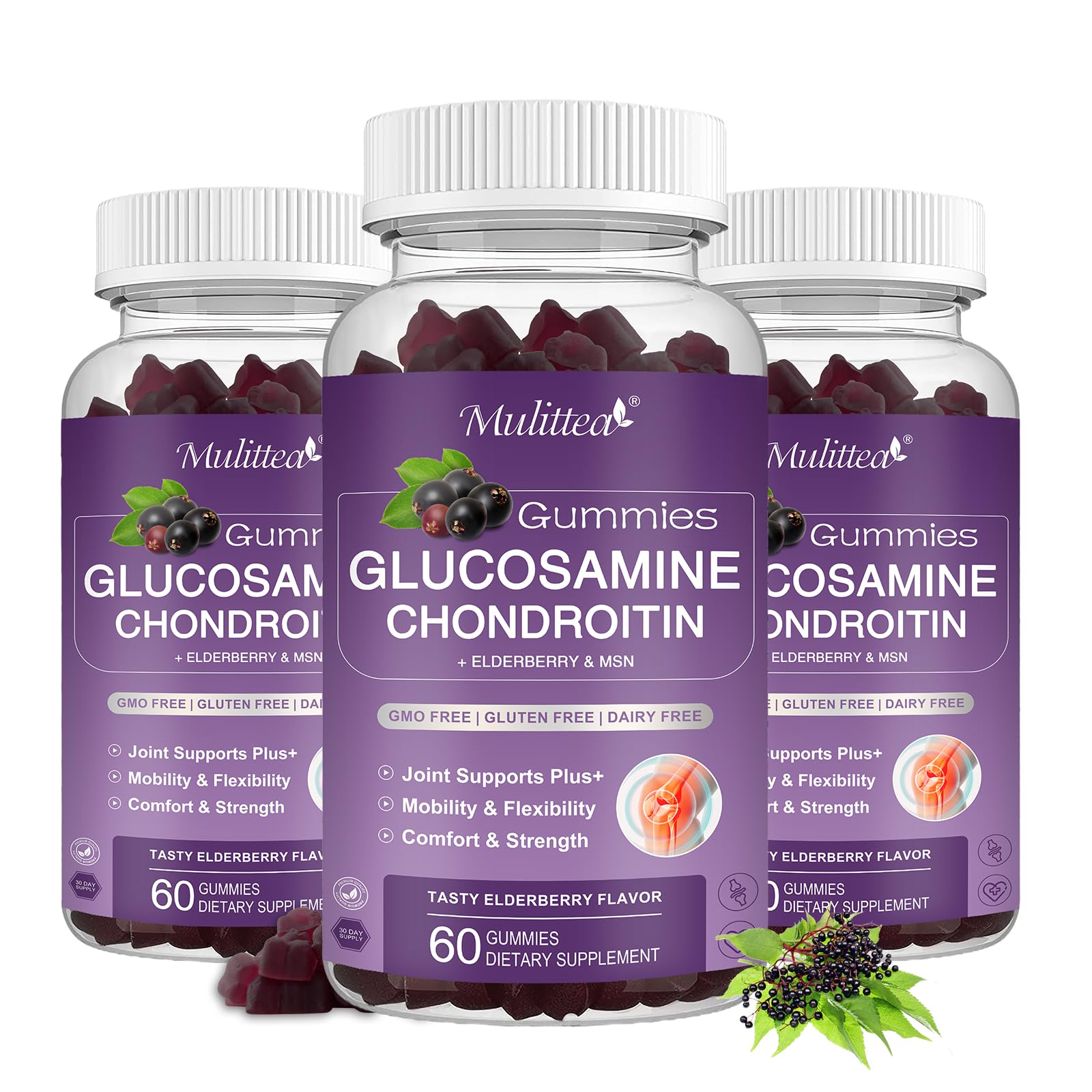 Mulittea 3 Pack Glucosamine Chondroitin Gummies MSM Elderberry Calcium- Extra Strength Joint Support Supplement for Relief. Antioxidant Immune Support for Adults Men Women