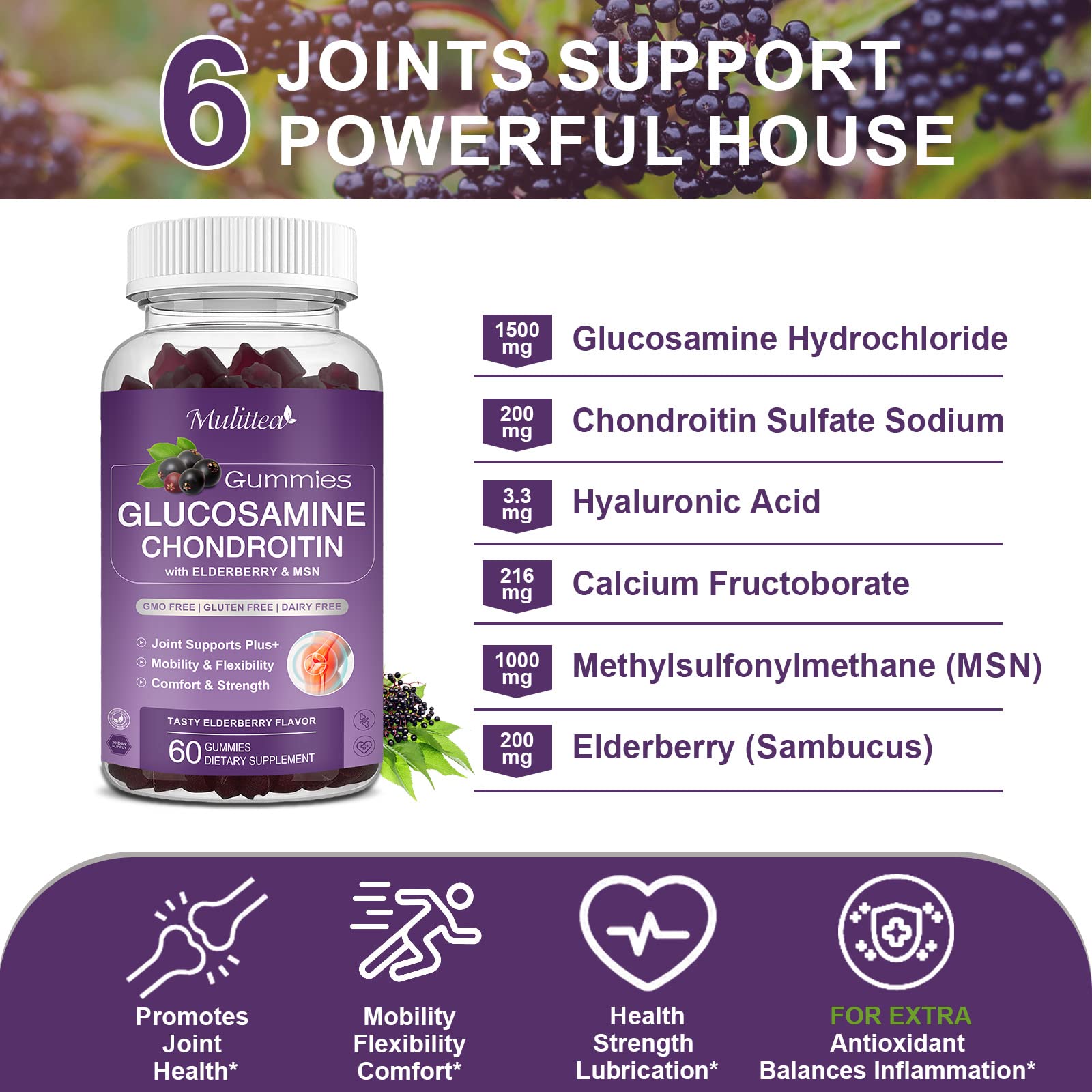 Mulittea 3 Pack Glucosamine Chondroitin Gummies MSM Elderberry Calcium- Extra Strength Joint Support Supplement for Relief. Antioxidant Immune Support for Adults Men Women