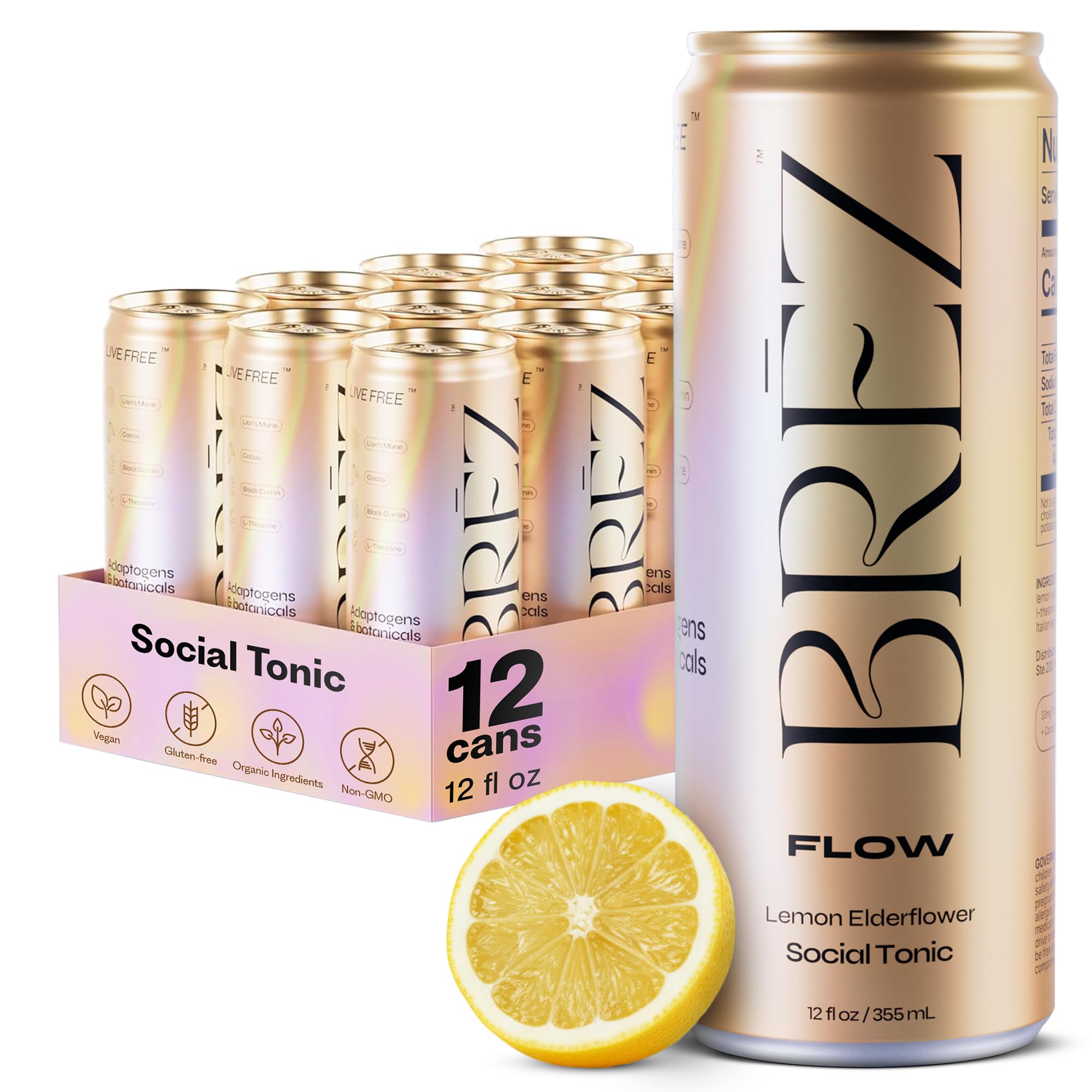 BRĒZ FLOW Lion’s Mane Mushroom Drink 12 Pack, Lemon Elderflower, Supports Mood & Focus, Non-Alcoholic Sparkling Adaptogen Drink, Functional Mushrooms, Feel Clear, Calm & Refreshed- 12 Fl oz Cans