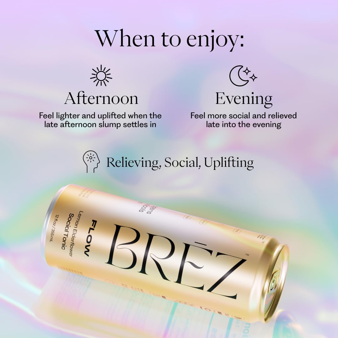 BRĒZ FLOW Lion’s Mane Mushroom Drink 12 Pack, Lemon Elderflower, Supports Mood & Focus, Non-Alcoholic Sparkling Adaptogen Drink, Functional Mushrooms, Feel Clear, Calm & Refreshed- 12 Fl oz Cans