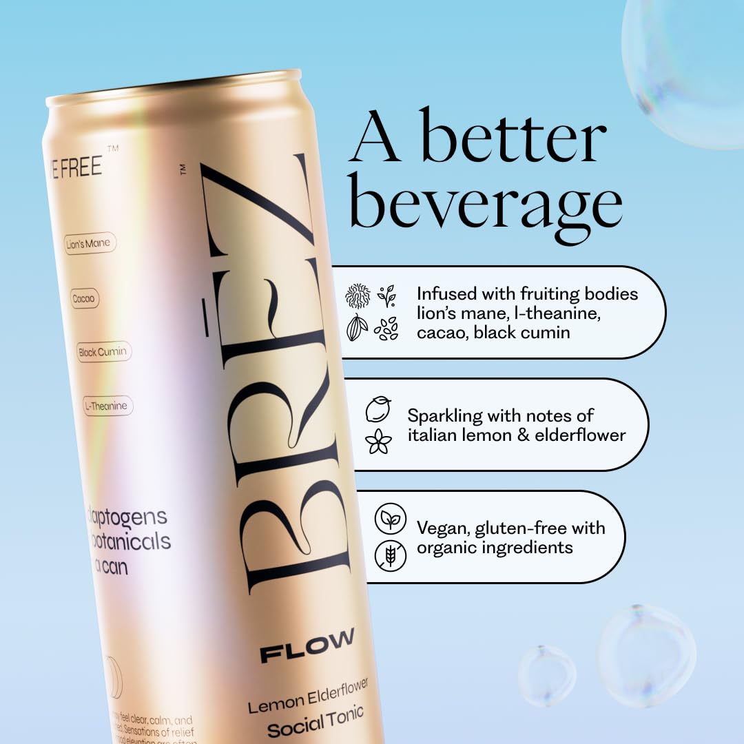 BRĒZ FLOW Lion’s Mane Mushroom Drink 12 Pack, Lemon Elderflower, Supports Mood & Focus, Non-Alcoholic Sparkling Adaptogen Drink, Functional Mushrooms, Feel Clear, Calm & Refreshed- 12 Fl oz Cans