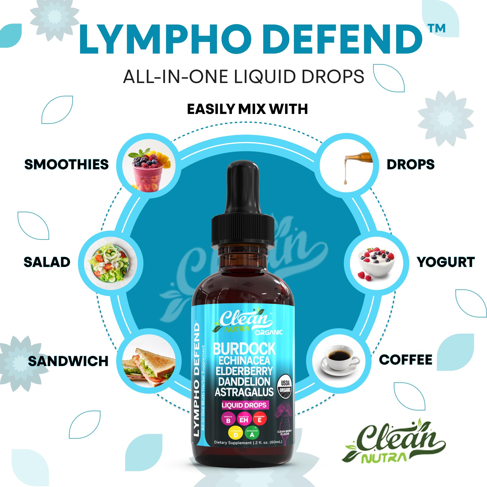 Organic Lymphatic Drainage Supplement | Lymphatic Support Drops | Burdock Root Echinacea Elderberry Dandelion Astragalus Milk Thistle Sea Moss Red Clover Cleanse Marigold Drop by Clean Nutra