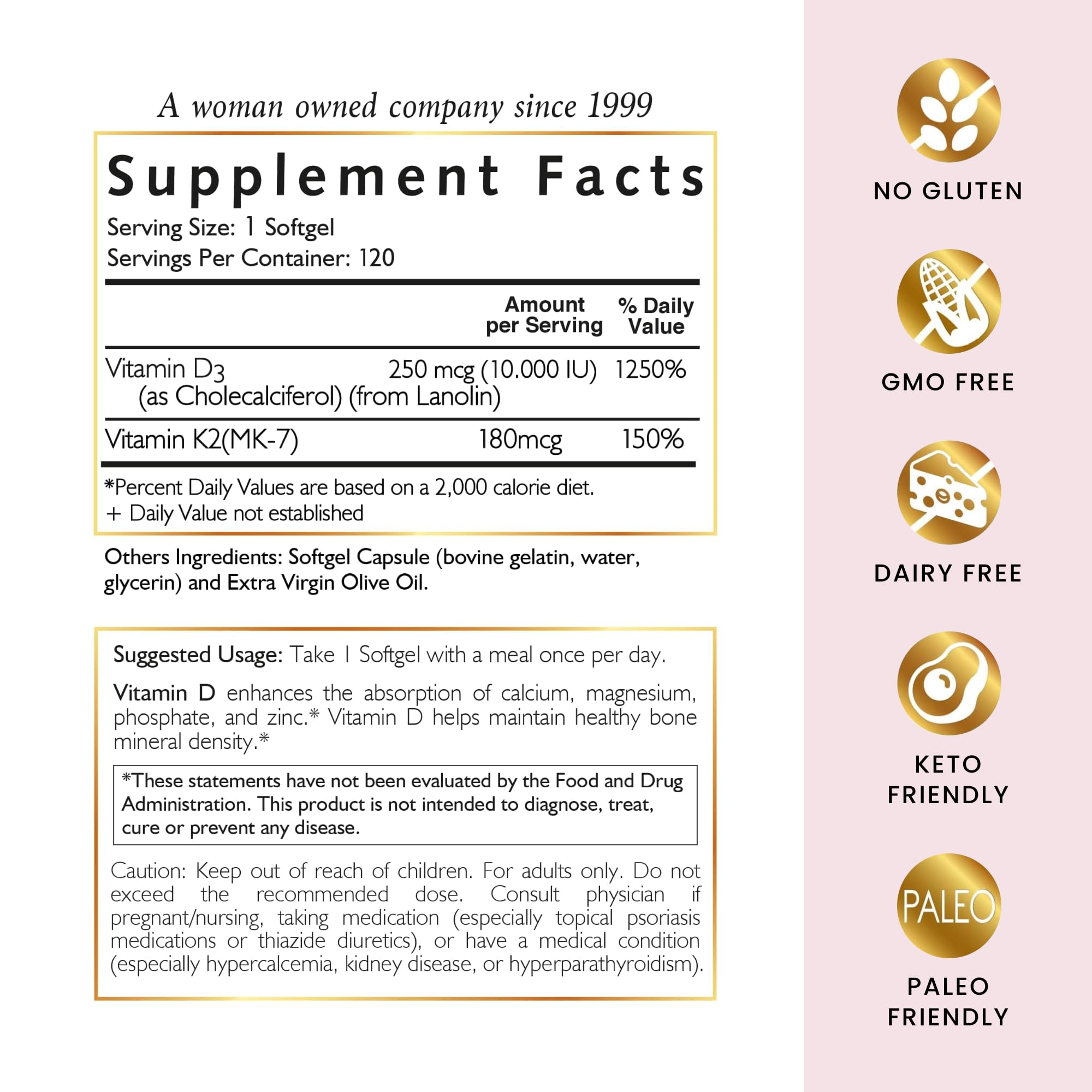 Cocó March N.M.D Vitamin D3+K2 10,000 IU - High Potency Supplement for Women & Men, Immune Support, Bone & Joint Health - Gluten-Free, Non-GMO, 4 Month Supply, 250 mcg D3, 180 mcg of Vitamin K2