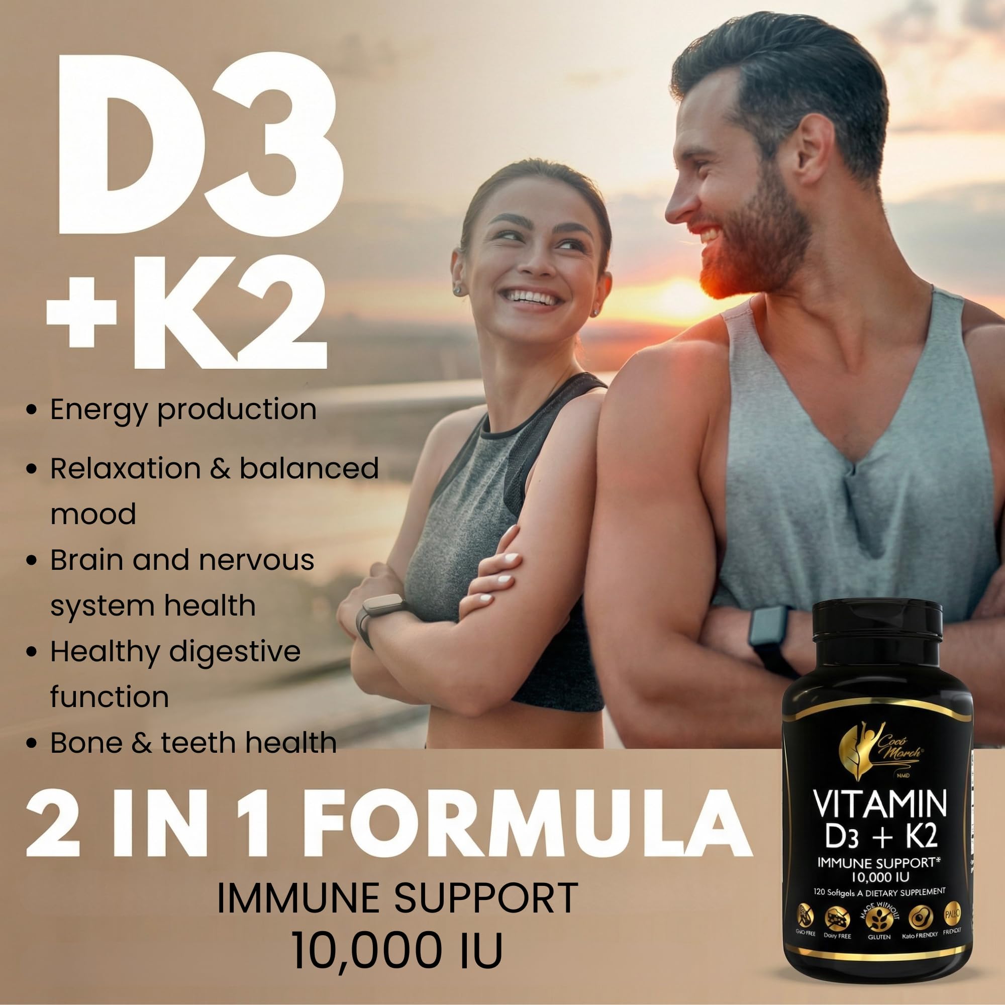 Cocó March N.M.D Vitamin D3+K2 10,000 IU - High Potency Supplement for Women & Men, Immune Support, Bone & Joint Health - Gluten-Free, Non-GMO, 4 Month Supply, 250 mcg D3, 180 mcg of Vitamin K2