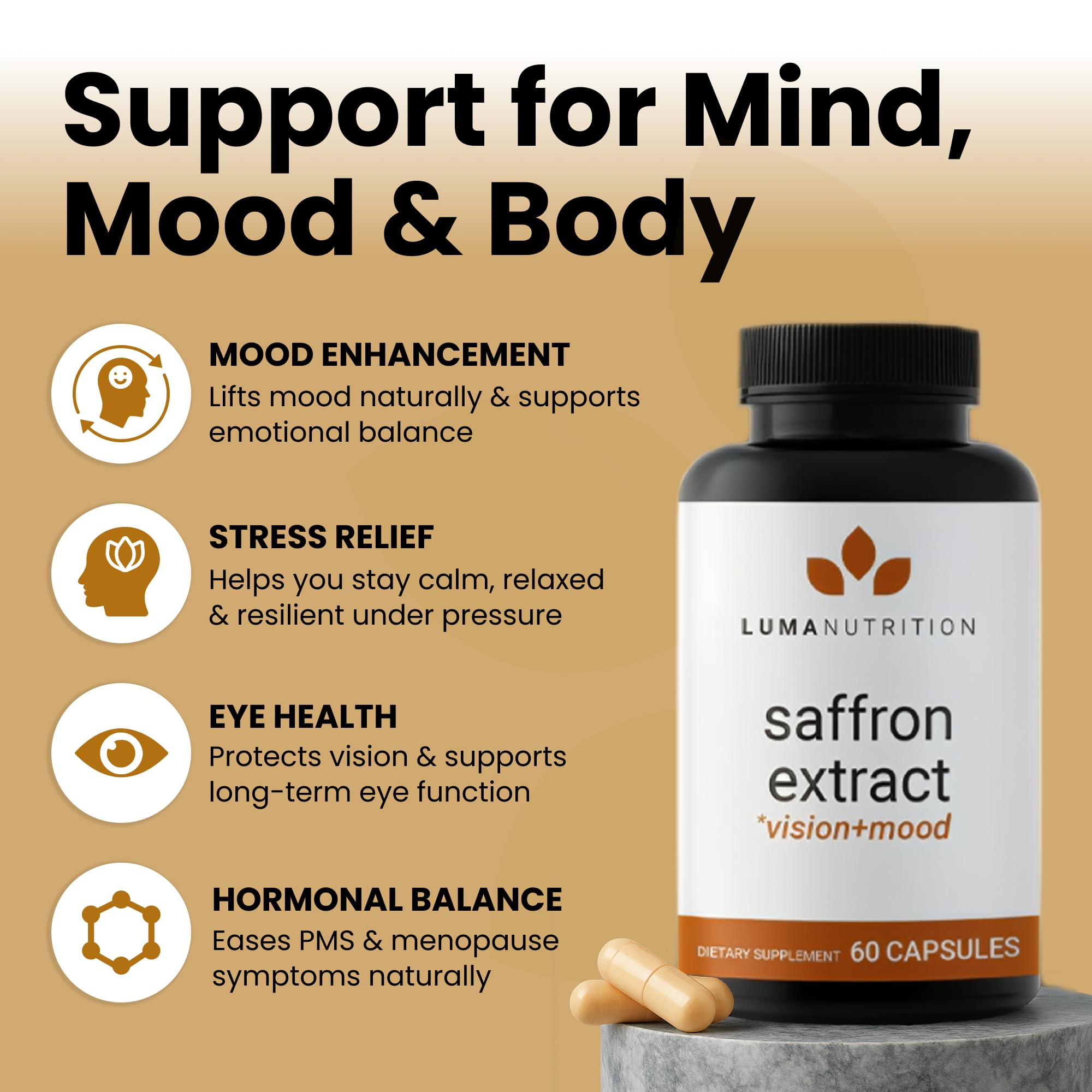 Luma Nutrition Saffron Extract Capsules - Premium Saffron Supplements - 88.50 mg Pure Saffron Pills - Mood Support - Eye Support - Made in The USA - 60 Capsules