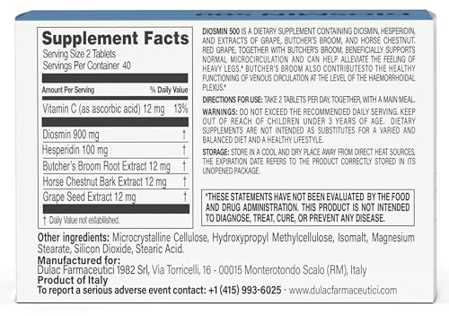 Dulac Diosmin 500, Micronized Diosmin Hesperidin Dietary Supplement 1000mg per serving, Horse Chestnut Extract, Butcher’s Broom & Red Grape Extract, Leg Circulation Support, 80 Tablets, Made in Italy