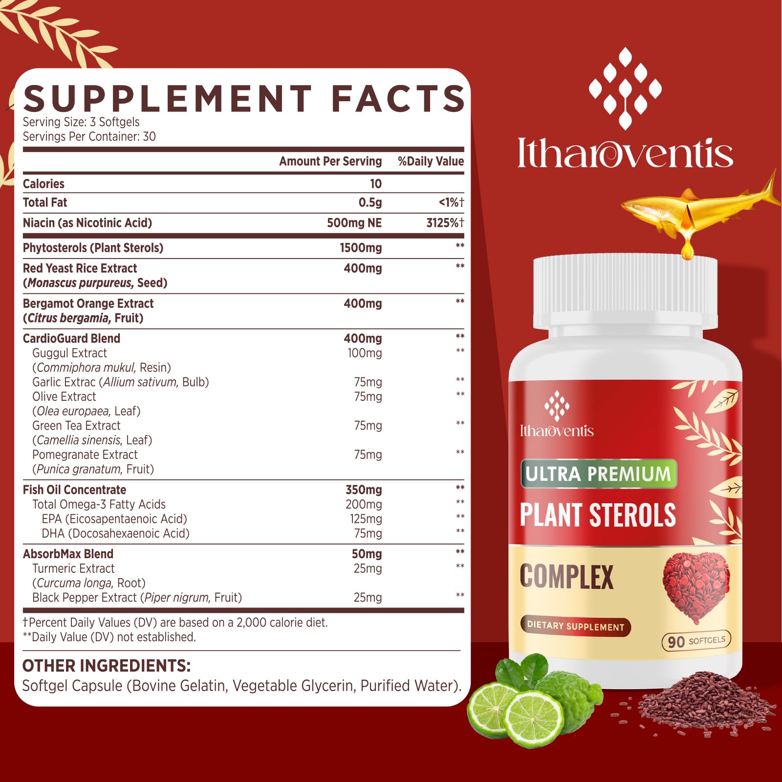 Itharoventis Cholesterol Supplements with Plant Sterols, Niacin, Red Yeast Rice, Bergamot, Omega-3 & Garlic - Advenced Absorption Formula - 90 Softgels
