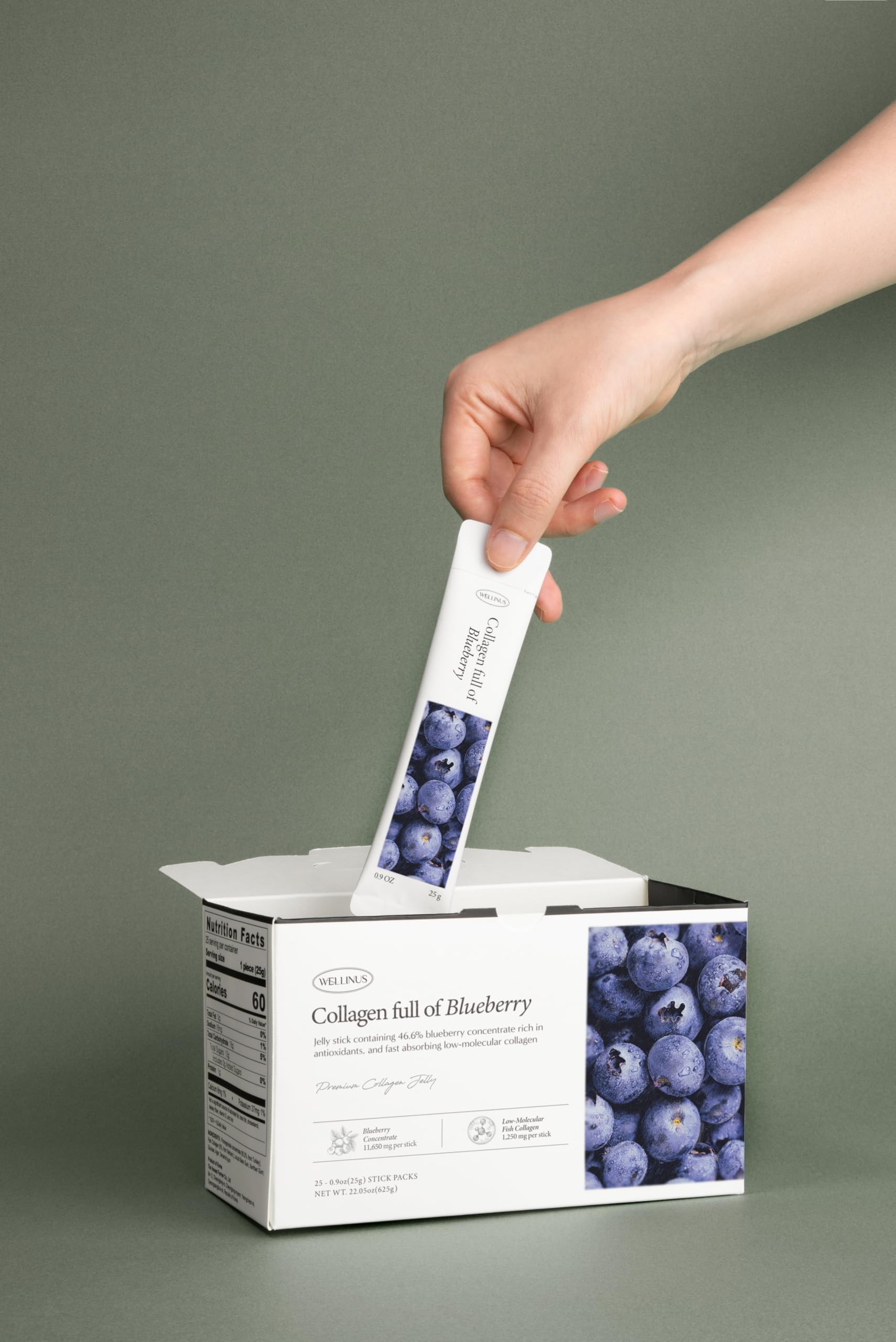 Korean Collagen Jelly Sticks - 25 Blueberry Flavored Marine Collagen Peptide Snacks for Anti-Aging- Collagen Protein Sugar-Free, Travel Packs for Hair & Nail Strength