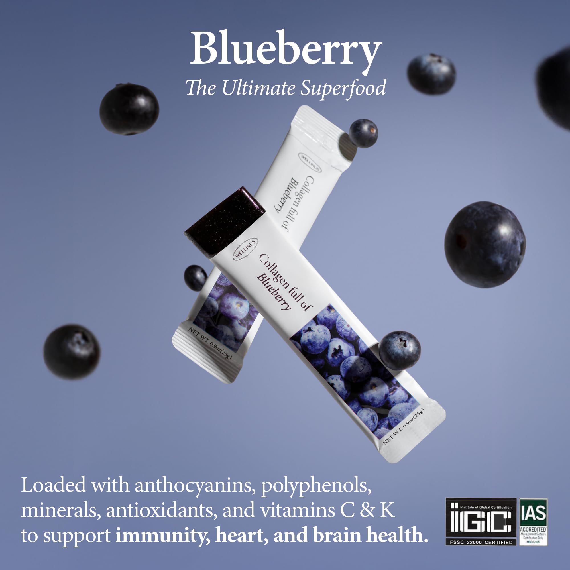 Korean Collagen Jelly Sticks - 25 Blueberry Flavored Marine Collagen Peptide Snacks for Anti-Aging- Collagen Protein Sugar-Free, Travel Packs for Hair & Nail Strength