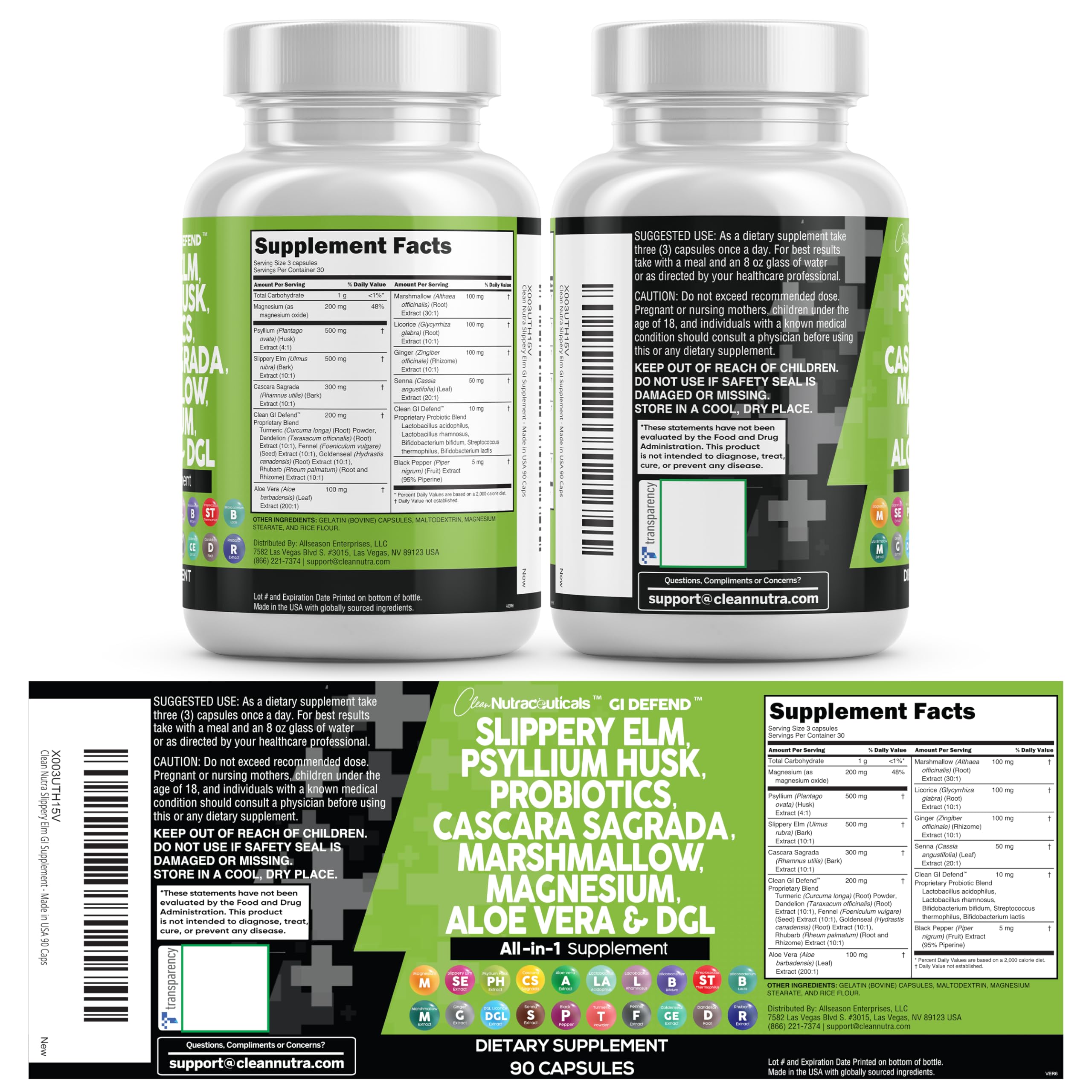 Clean Nutraceuticals Slippery Elm Psyllium Husk Pre Probiotic Digestive Gut Health Supplement with Aloe Vera Cascara Sagrada Marshmallow Root DGL Licorice Senna Extract