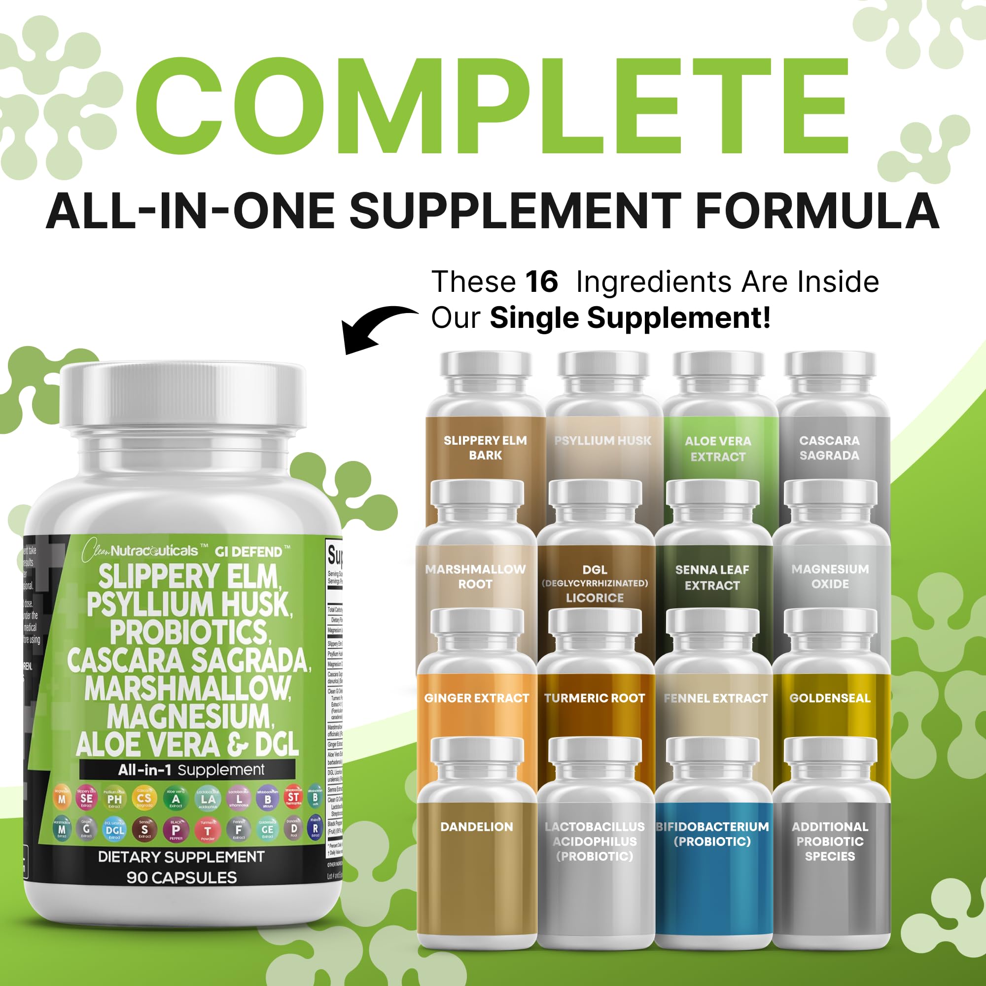 Clean Nutraceuticals Slippery Elm Psyllium Husk Pre Probiotic Digestive Gut Health Supplement with Aloe Vera Cascara Sagrada Marshmallow Root DGL Licorice Senna Extract