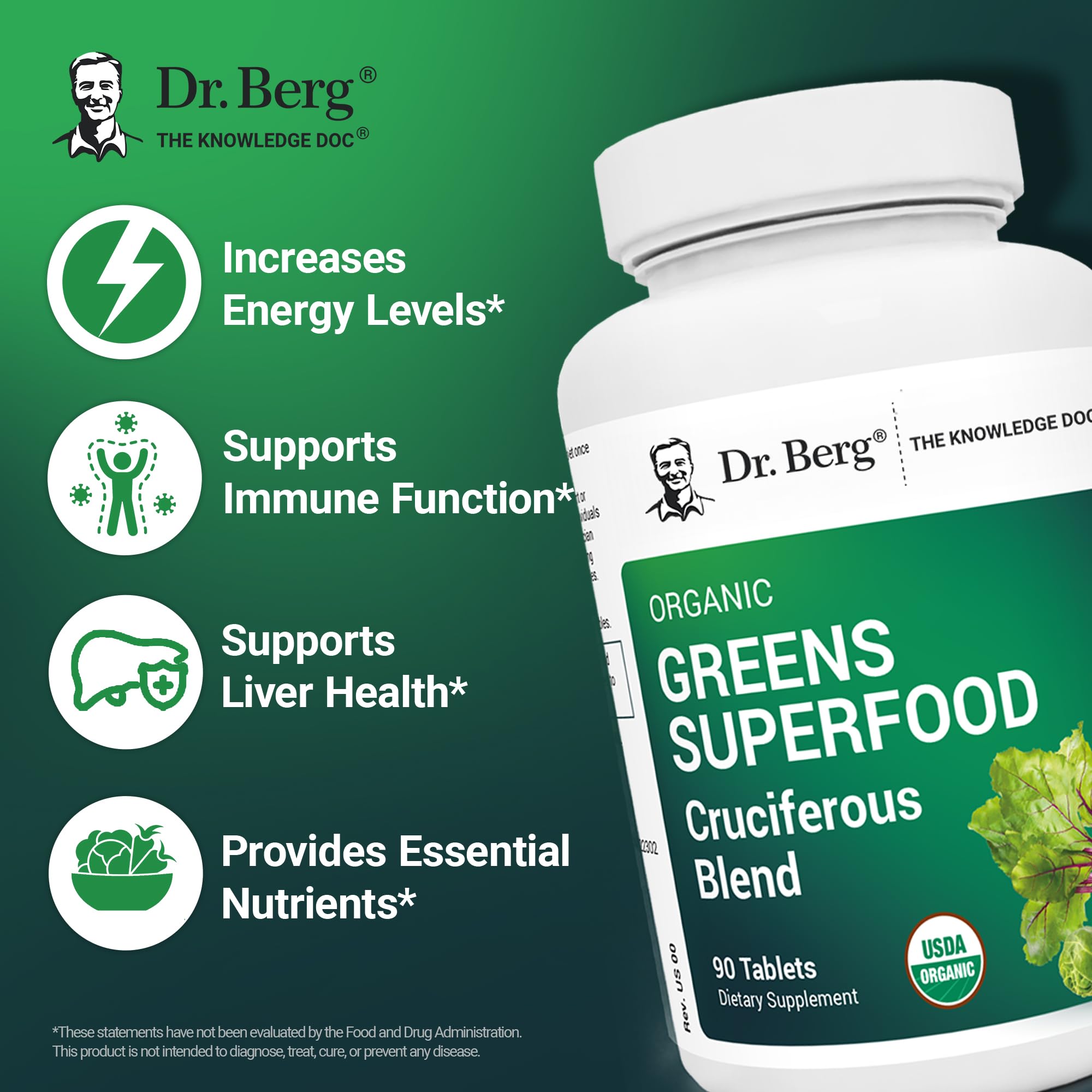 Dr. Berg's Greens Superfood Cruciferous Vegetable Tablets - Vegetable Supplements for Adults w/ 11 Phytonutrient Super Greens - Energy, Immune System & Liver Veggie Tablets - 90 Tablet