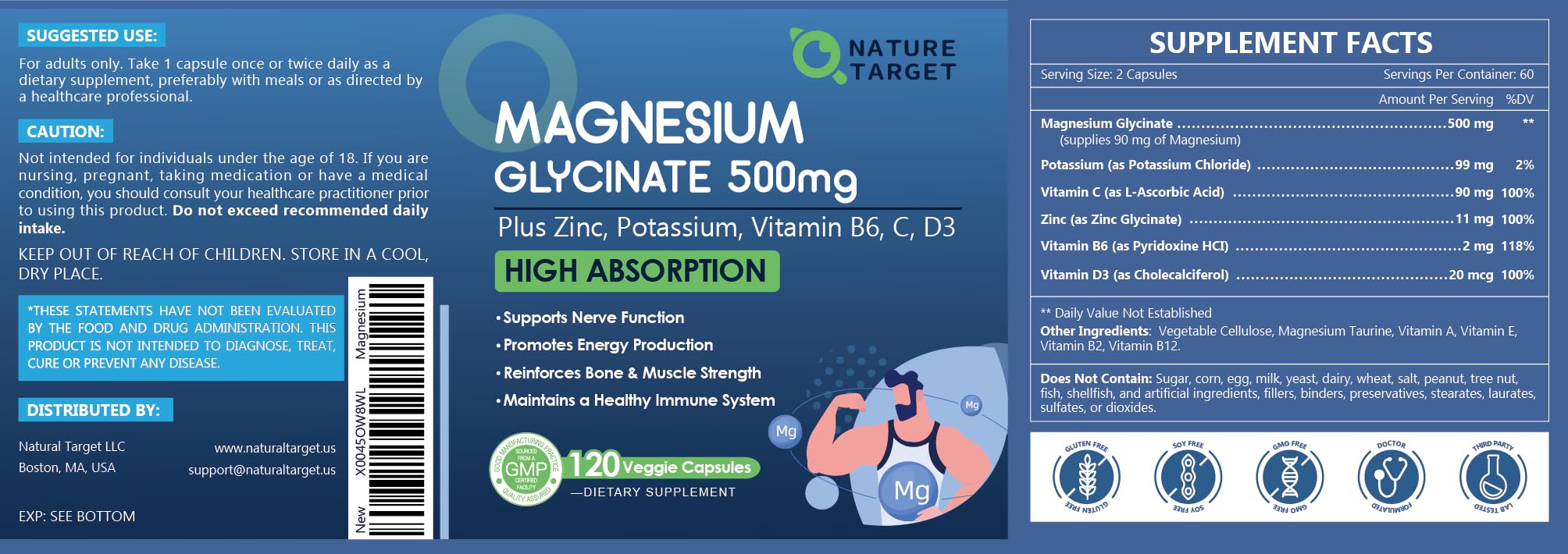 NATURE TARGET Magnesium Glycinate 500mg, Chelated Magnesium with Zinc & Vitamin D3 for Muscle, Nerve & Bone, Support Heart Health & Leg Cramp, Strength Immune System - 120 Capsules