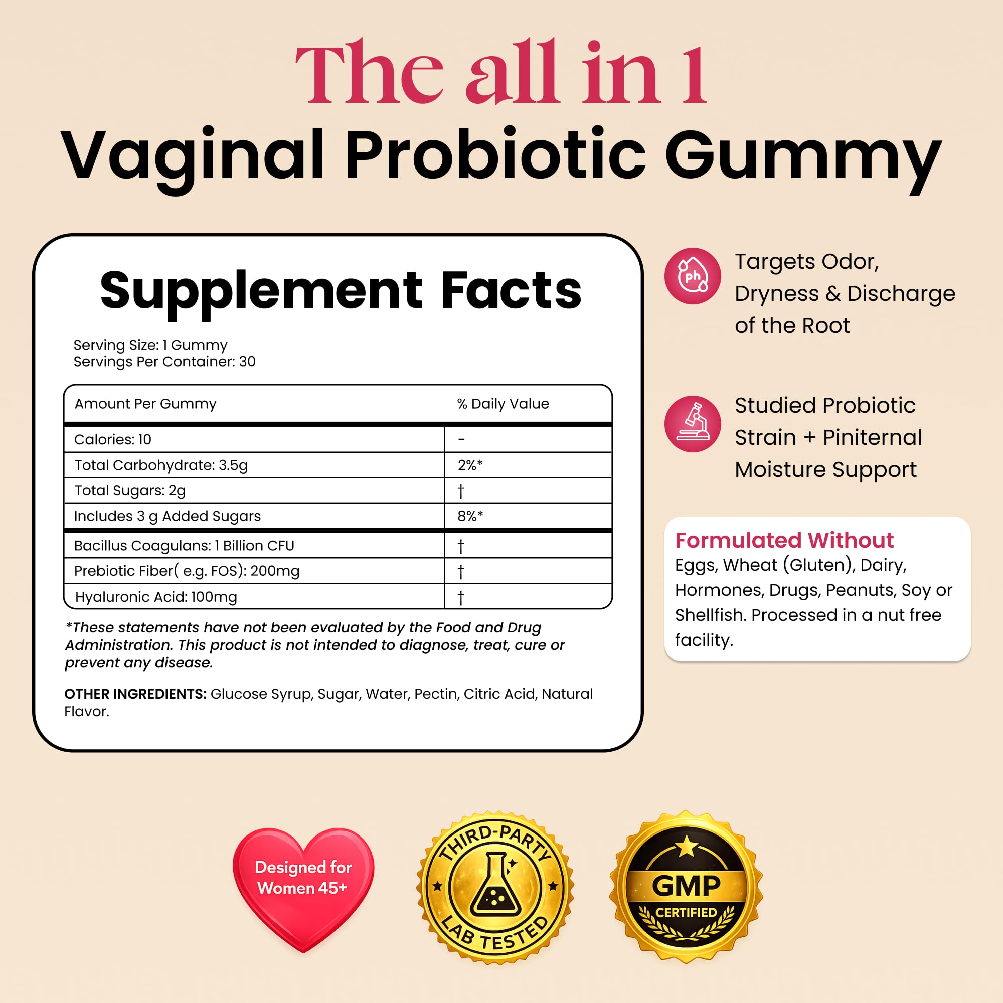 ALLFEMME Flora+ Women’s Vaginal Probiotic Gummies for pH Balance, Odor and Freshness Support with Prebiotics & Hyaluronic Acid, Sugar Free Pineapple, Vegan Non-GMO | 30 Gummies