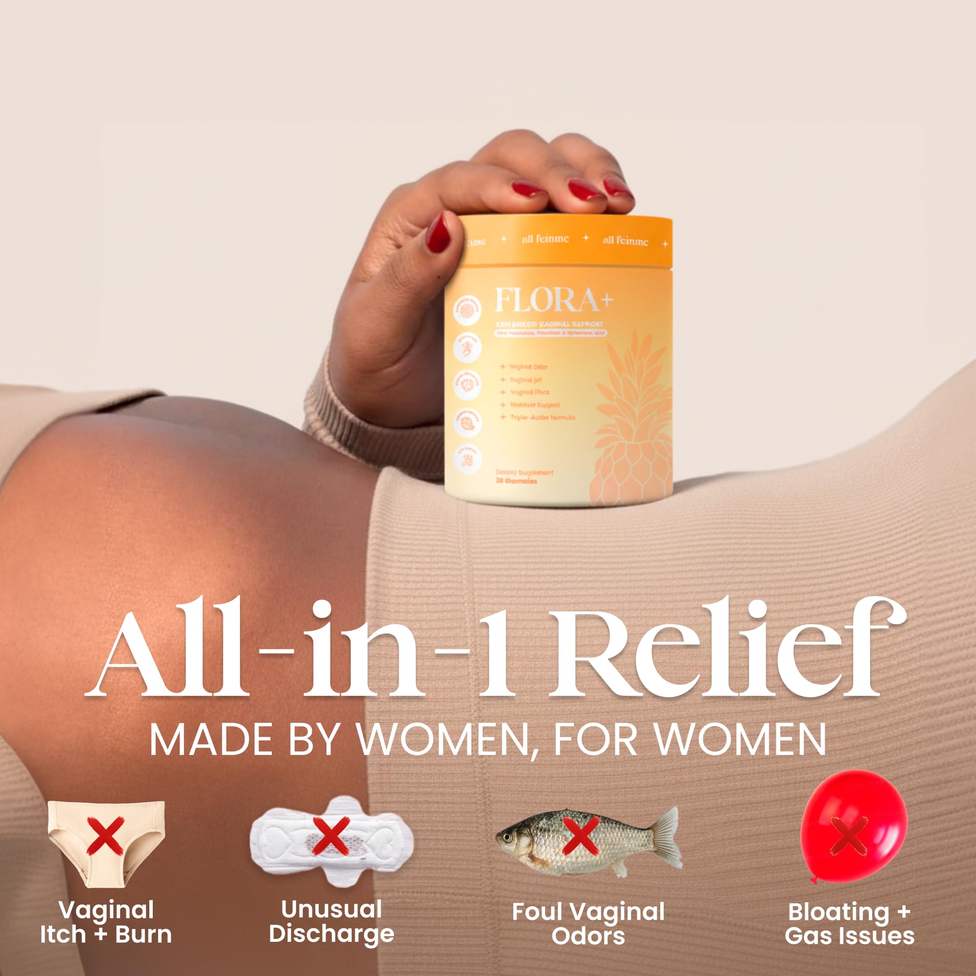 ALLFEMME Flora+ Women’s Vaginal Probiotic Gummies for pH Balance, Odor and Freshness Support with Prebiotics & Hyaluronic Acid, Sugar Free Pineapple, Vegan Non-GMO | 30 Gummies