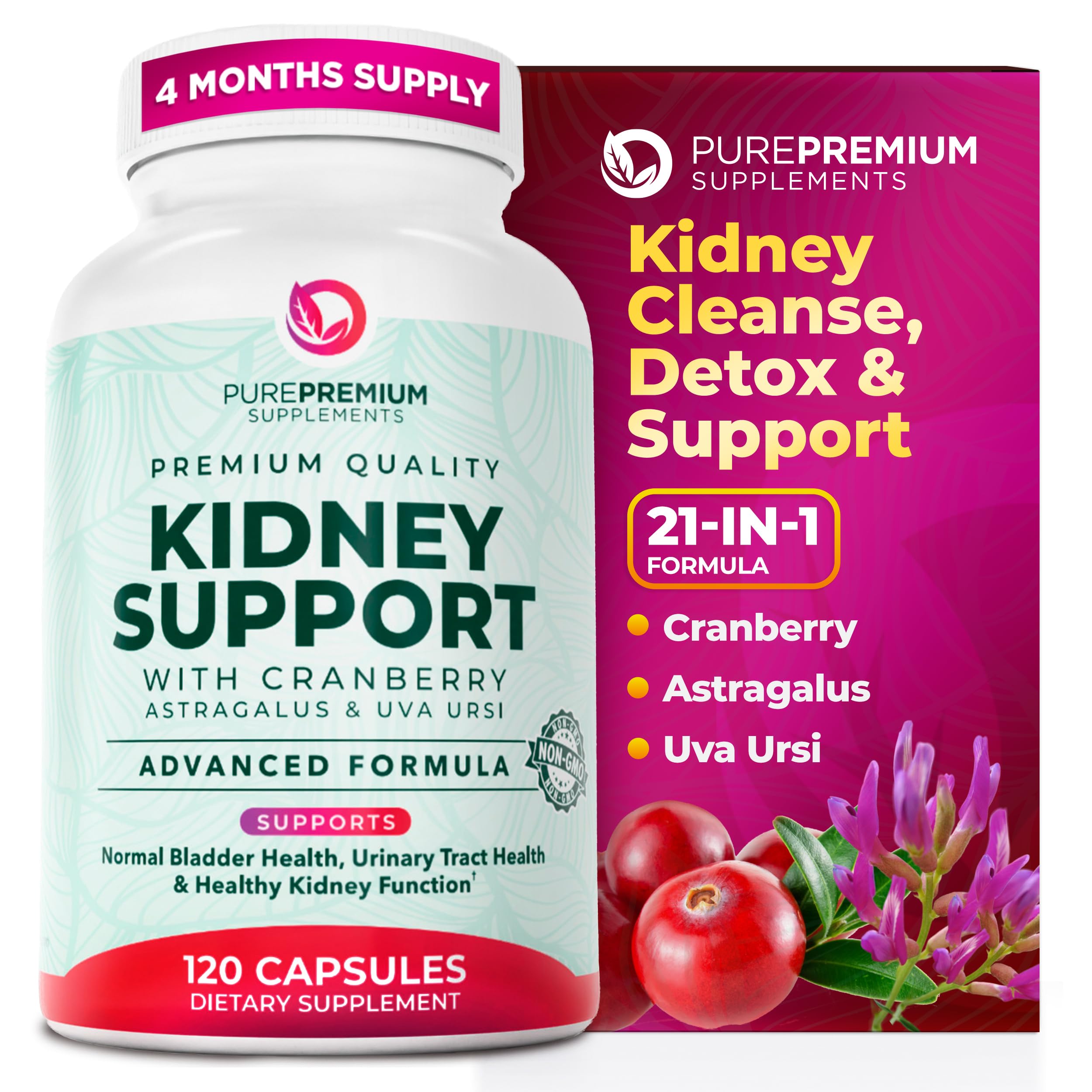 PurePremium Kidney Support Supplement – Kidney Cleanse Detox & Repair with Cranberry Extract & Astragalus - 21-in-1 Complex Supports Normal Bladder, Urinary Tract & Kidneys Health - 120 Day Supply