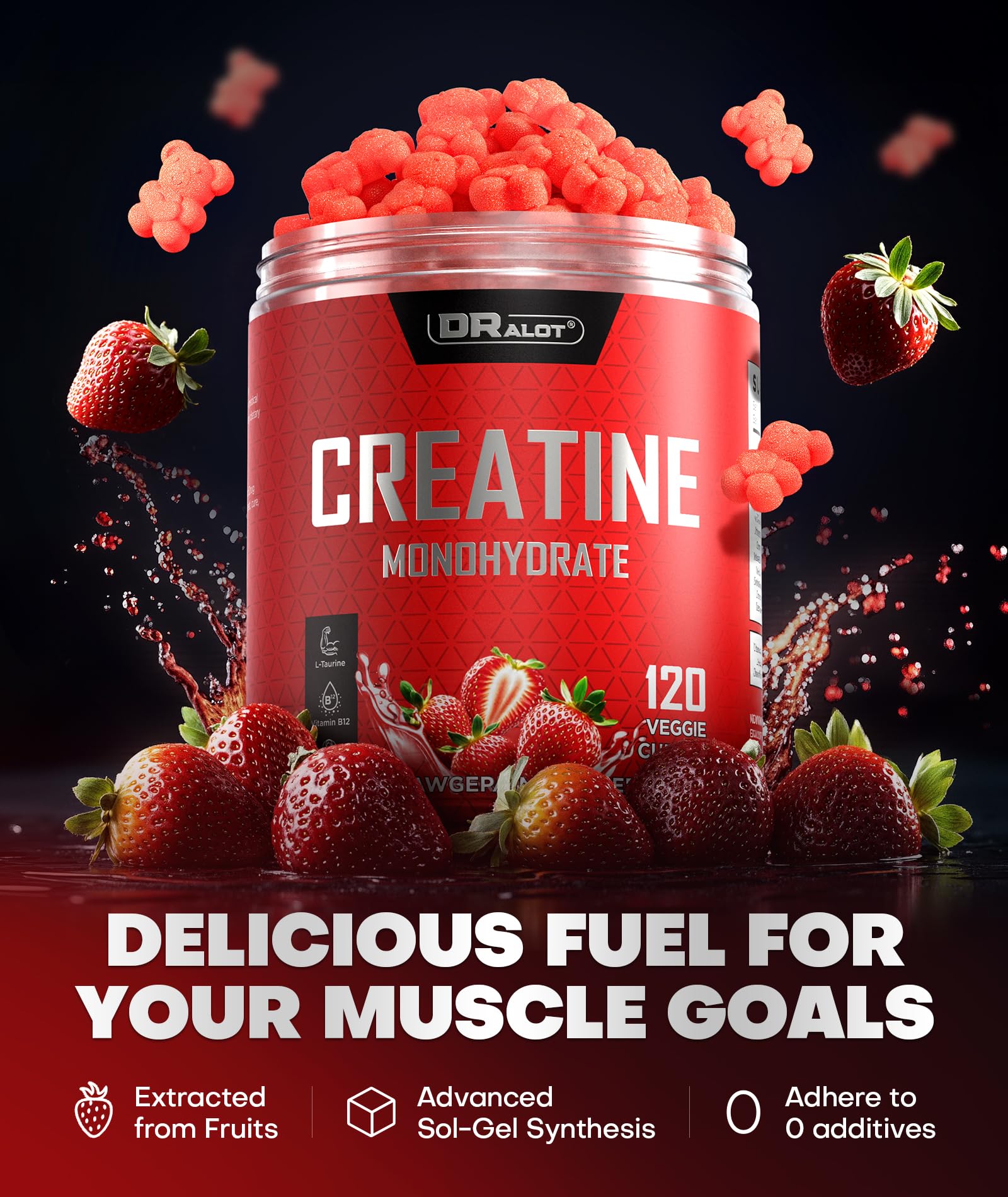 Dralot 99.99% Creatine Monohydrate Gummies More 15% Strength, 5X Energy & Muscle Support Pre-Workout Complex Creatine for Women & Men with 5000mg Creatine, L-Taurine, B12, Mg & K, 0 Sugar, Vegan