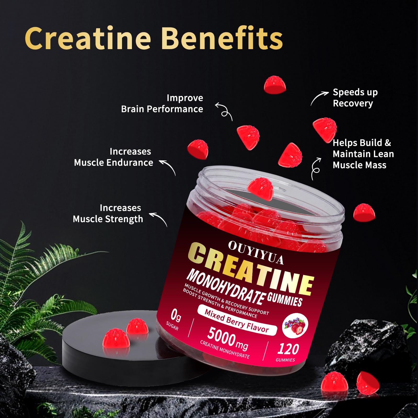 OUYIYUA Creatine Monohydrate Gummies 5000mg for Men & Women - Sugar Free Pre-Workout Supplement, Chewables for Muscle Strength, Muscle Builder, Energy Boost, Mixed Berry Flavor, 120 Count