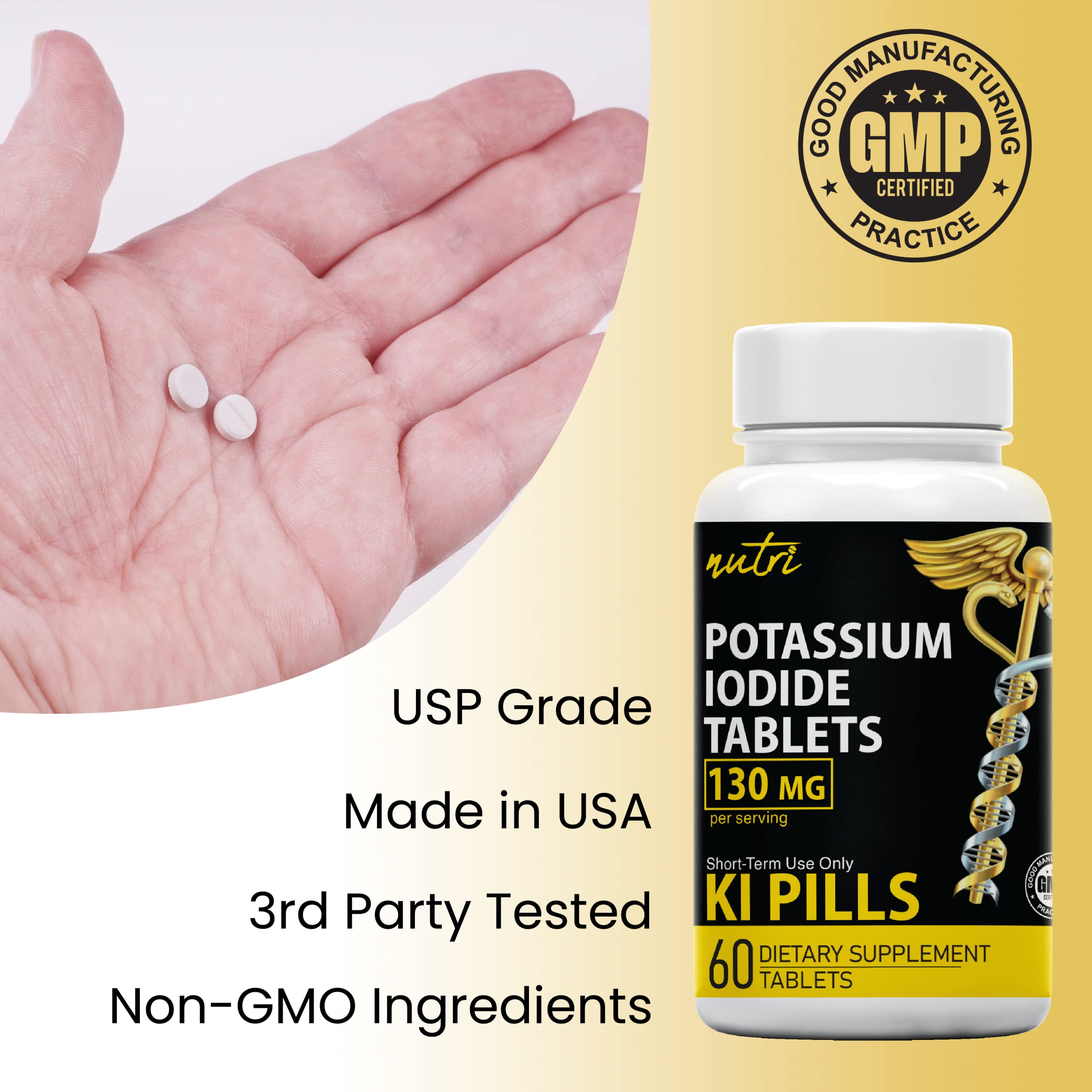 Potassium Iodide Tablets 130 mg (Pack of 2) - (120 Tablets) 10 Year Shelf-Life EXP 2034 to 2035 - Ki Pills - Yoduro de potasio - Nutri Supplements - 3rd Party Tested - NSF cGMP Certified Facility