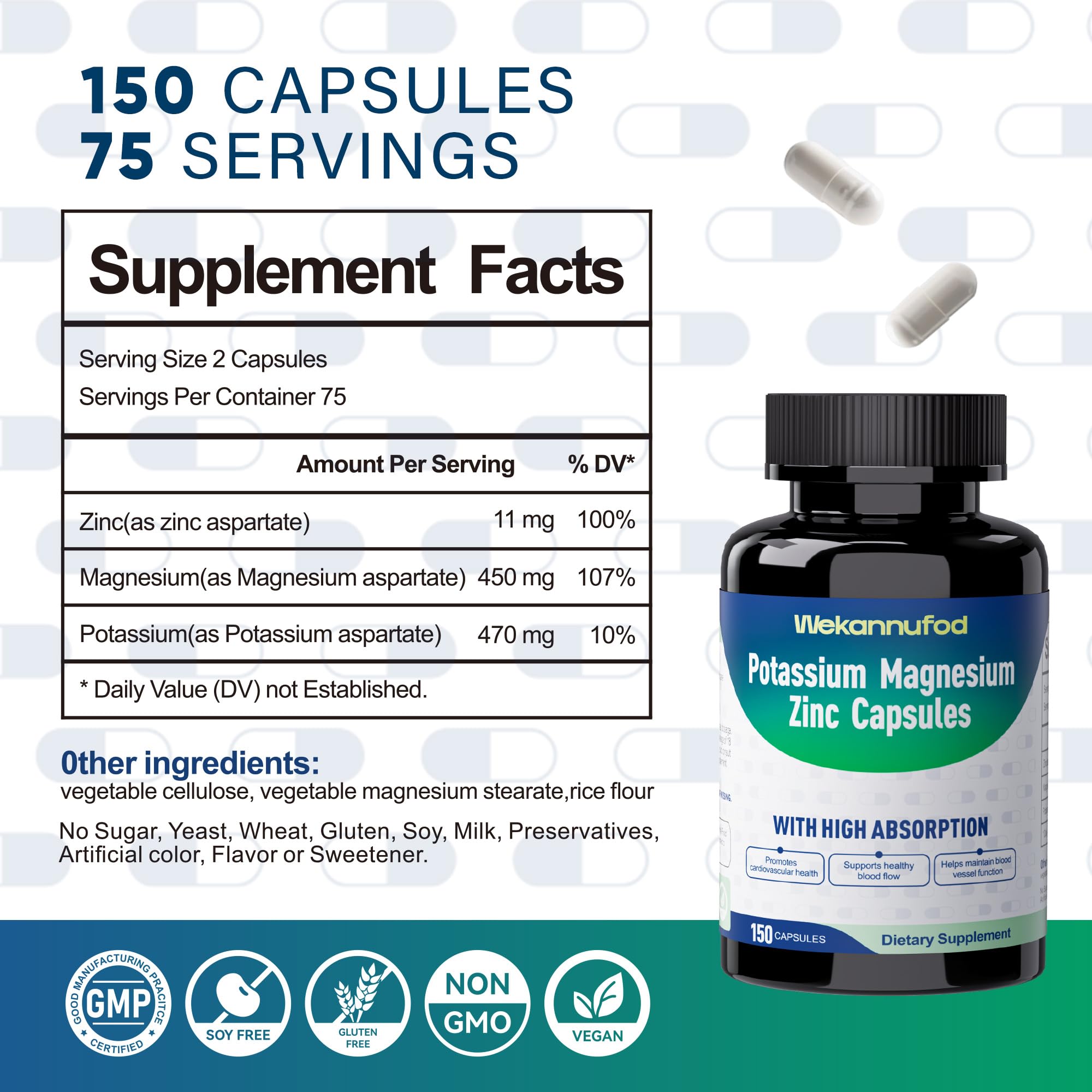 Potassium Magnesium Supplement - 150 Capsules - High Absorption Magnesium Complex - Potassium Supplement to Support Vascular Health & Leg Cramp