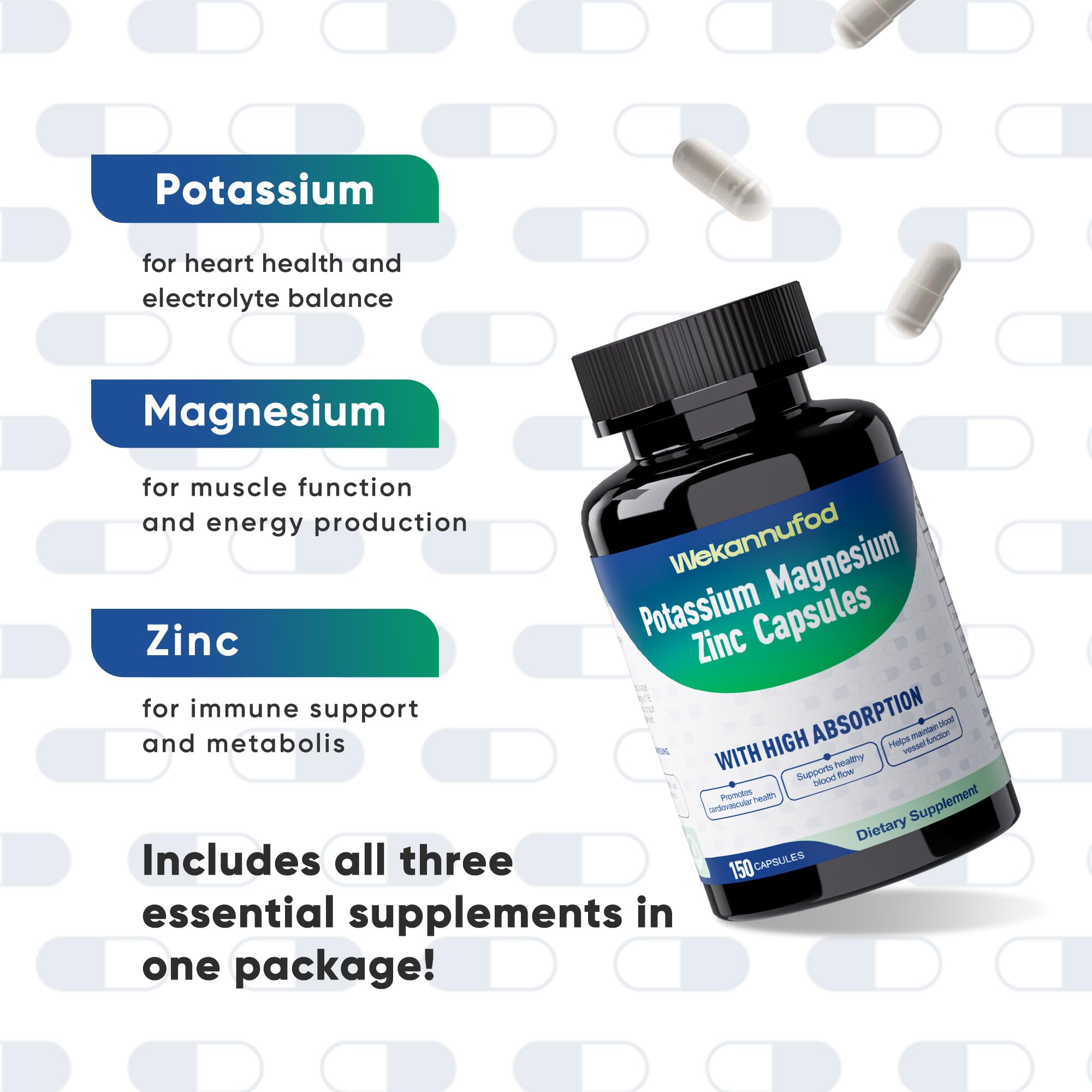 Potassium Magnesium Supplement - 150 Capsules - High Absorption Magnesium Complex - Potassium Supplement to Support Vascular Health & Leg Cramp