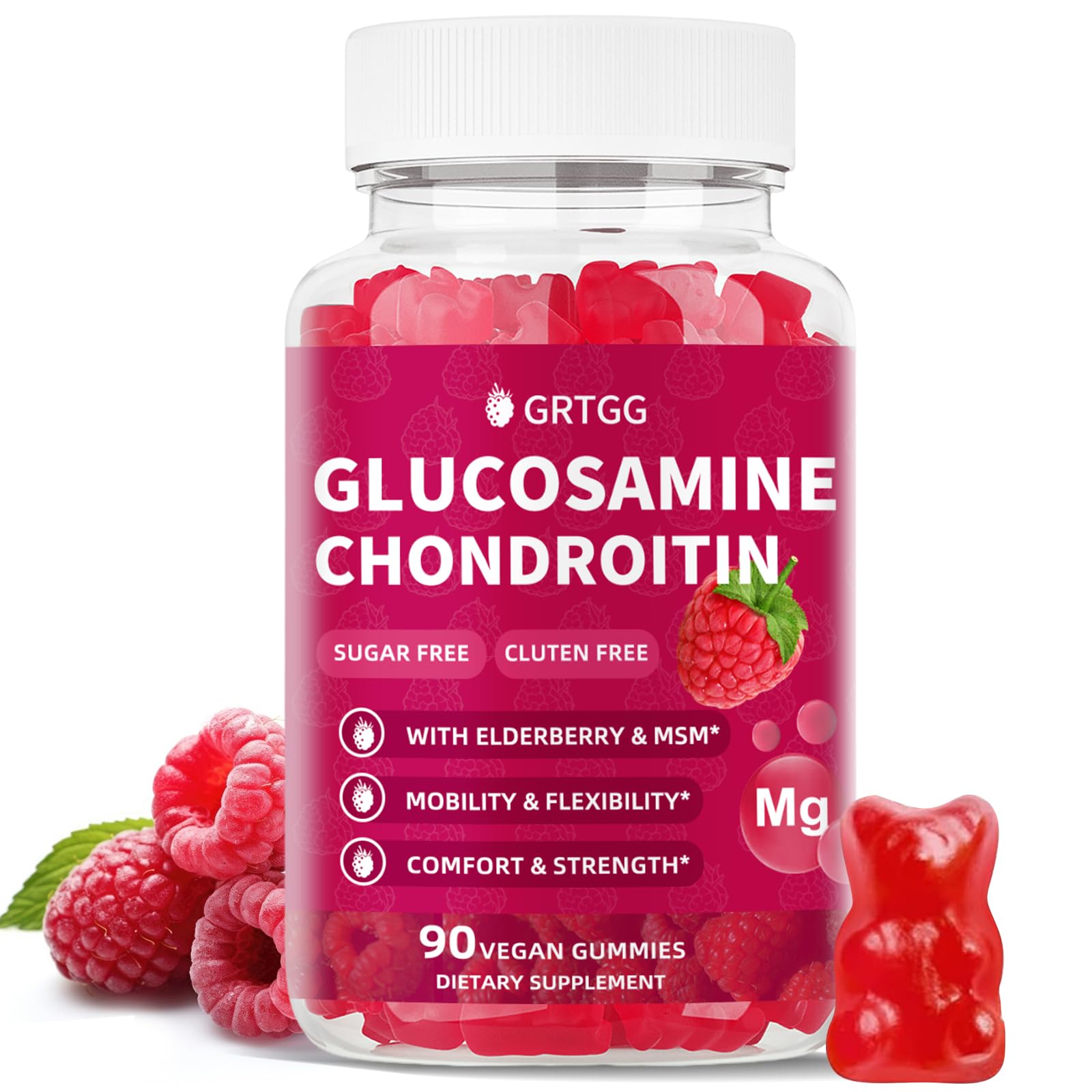 GRTGG Glucosamine Chondroitin Gummies with MSM & Elderberry Extra Strength 3000MG - Joint Support, Antioxidant Immune Support Supplement for Adults, Men & Women - 90 Raspberry Gummies