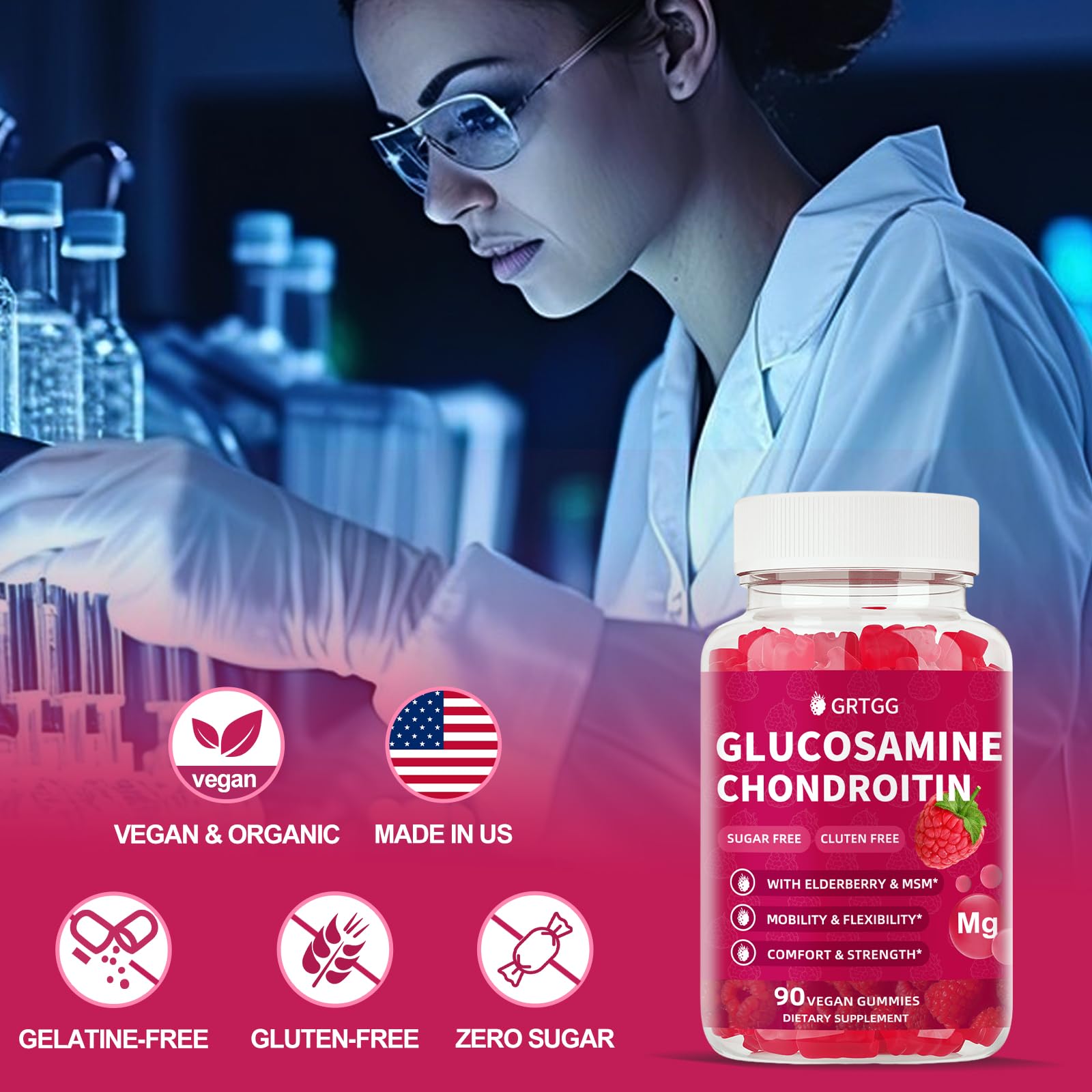 GRTGG Glucosamine Chondroitin Gummies with MSM & Elderberry Extra Strength 3000MG - Joint Support, Antioxidant Immune Support Supplement for Adults, Men & Women - 90 Raspberry Gummies