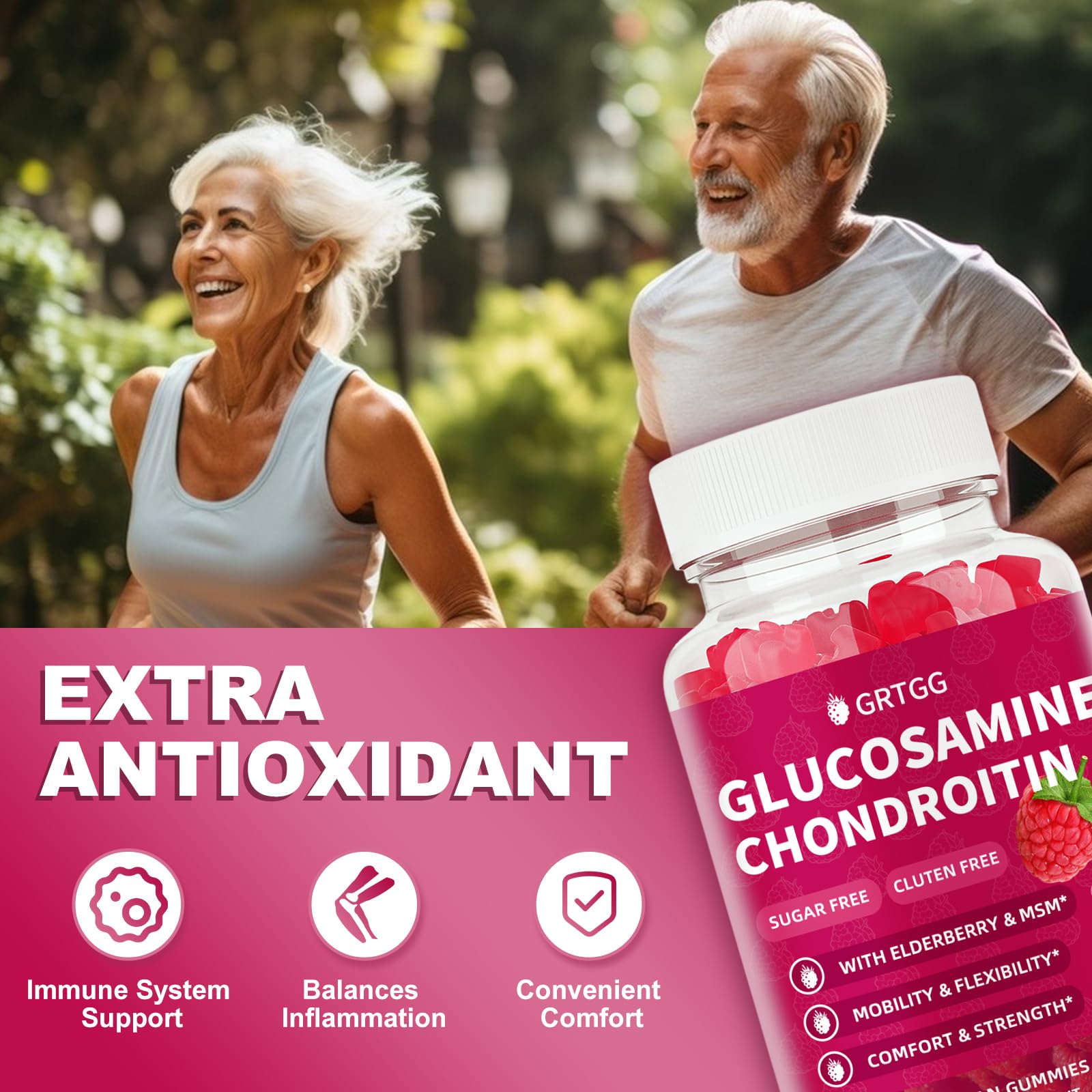 GRTGG Glucosamine Chondroitin Gummies with MSM & Elderberry Extra Strength 3000MG - Joint Support, Antioxidant Immune Support Supplement for Adults, Men & Women - 90 Raspberry Gummies