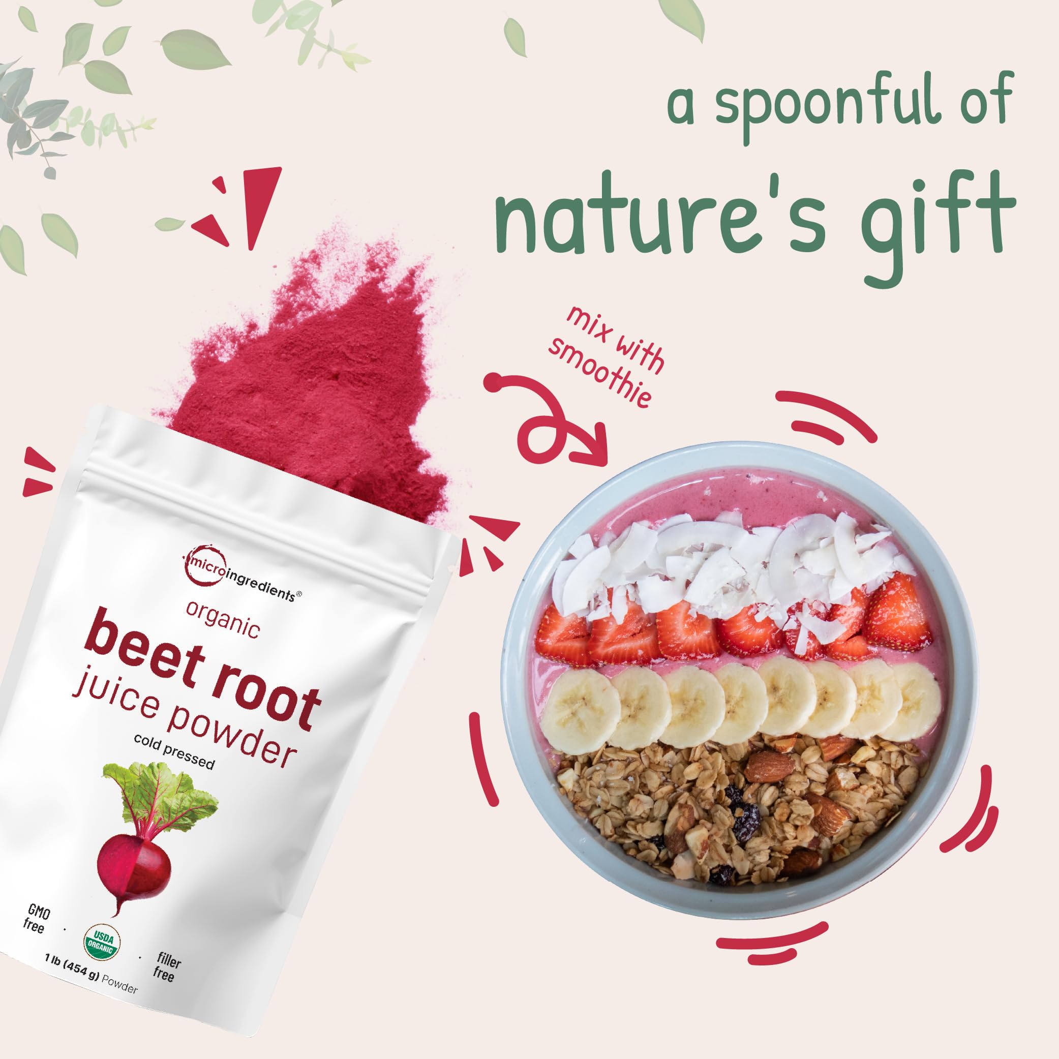 Micro Ingredients Organic Beet Root Juice Powder, 1 Pound | Cold Pressed, Water Soluble, High Concentrated Raw Beet Supplement | Superfood Drink Mix | Non-GMO, Vegan Friendly, Plant Based
