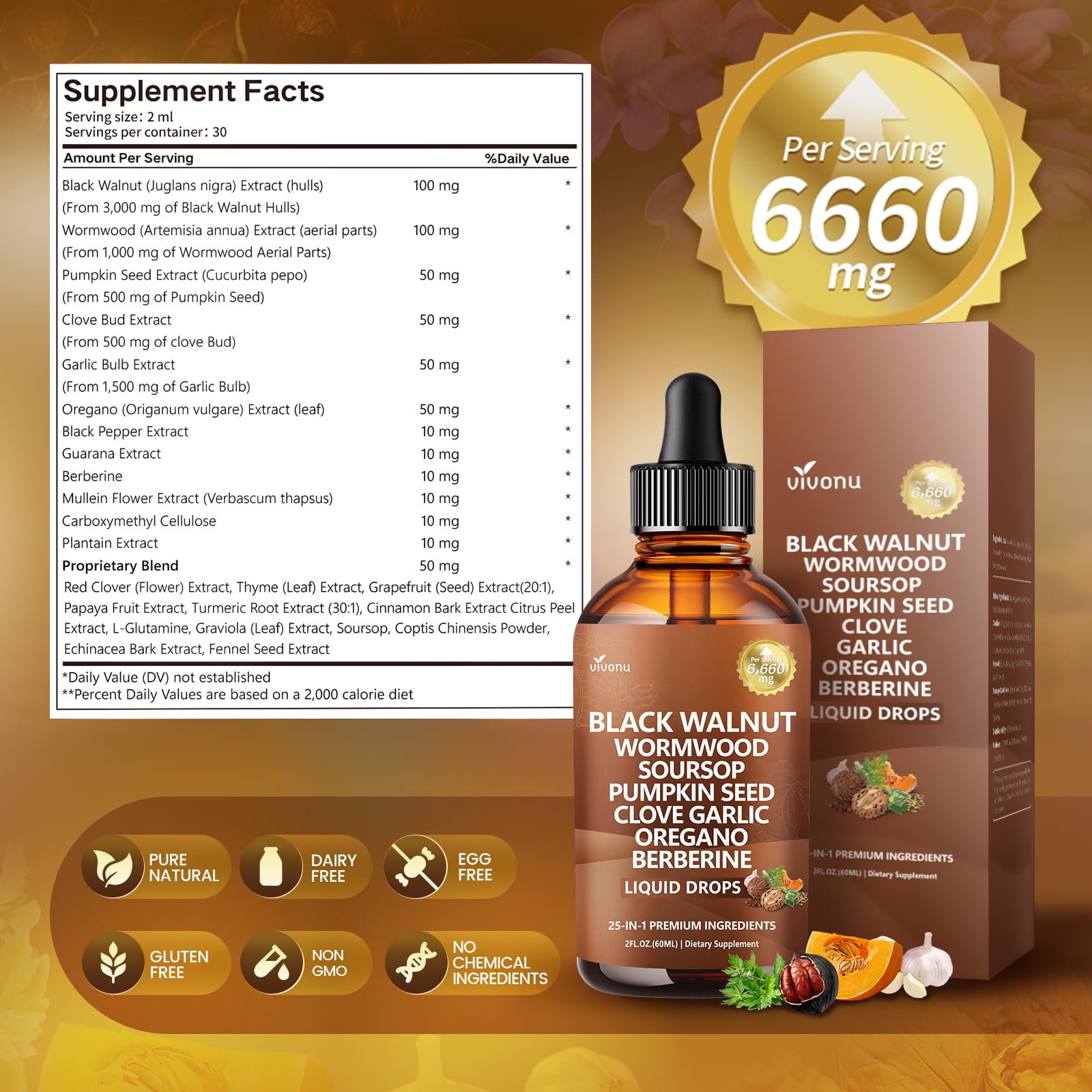 25-in-1 Liposomal Black Walnut Wormwood Clove Tincture, 6660mg Cleanse for Humans Drops Liquid, Lymphatic Support with Garlic, Mullein, Soursop, Pumpkin Seed, Berberine, Turmeric, Echinacea, Cinnamon