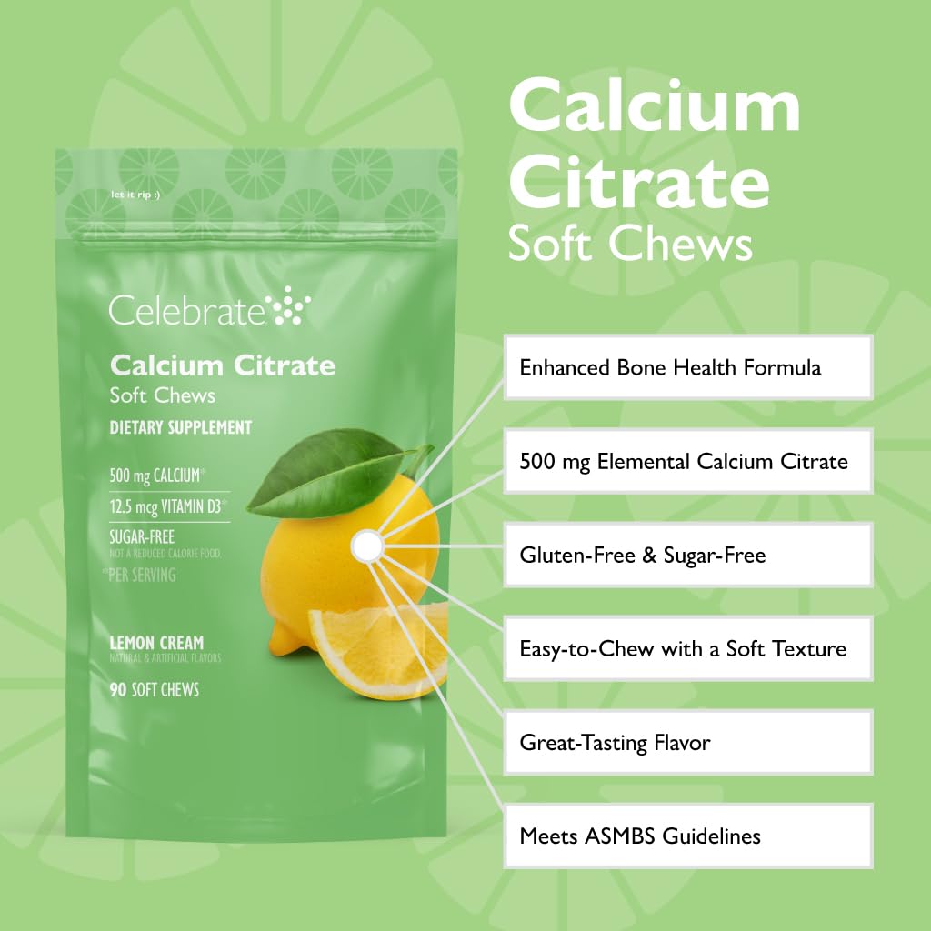 Celebrate Vitamins Bariatric 500mg Calcium Citrate Soft Chews with 500 IU Vitamin D3 – Essential for Gastric Bypass Patients & Bone Health - Sugar & Gluten Free, Lemon (90 Chews)