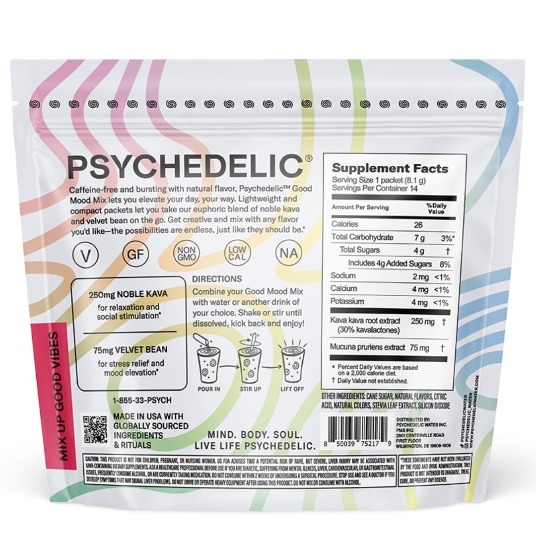 Psychedelic Water Good Mood Mix - Fruit Punch - Powder Packets - Calming Kava Drink Mix - Easy Open Single-Serving - Flavored Kava Powder - Mucuna Pruriens - Stevia - Adaptogen Drink Mix - 14 Stick