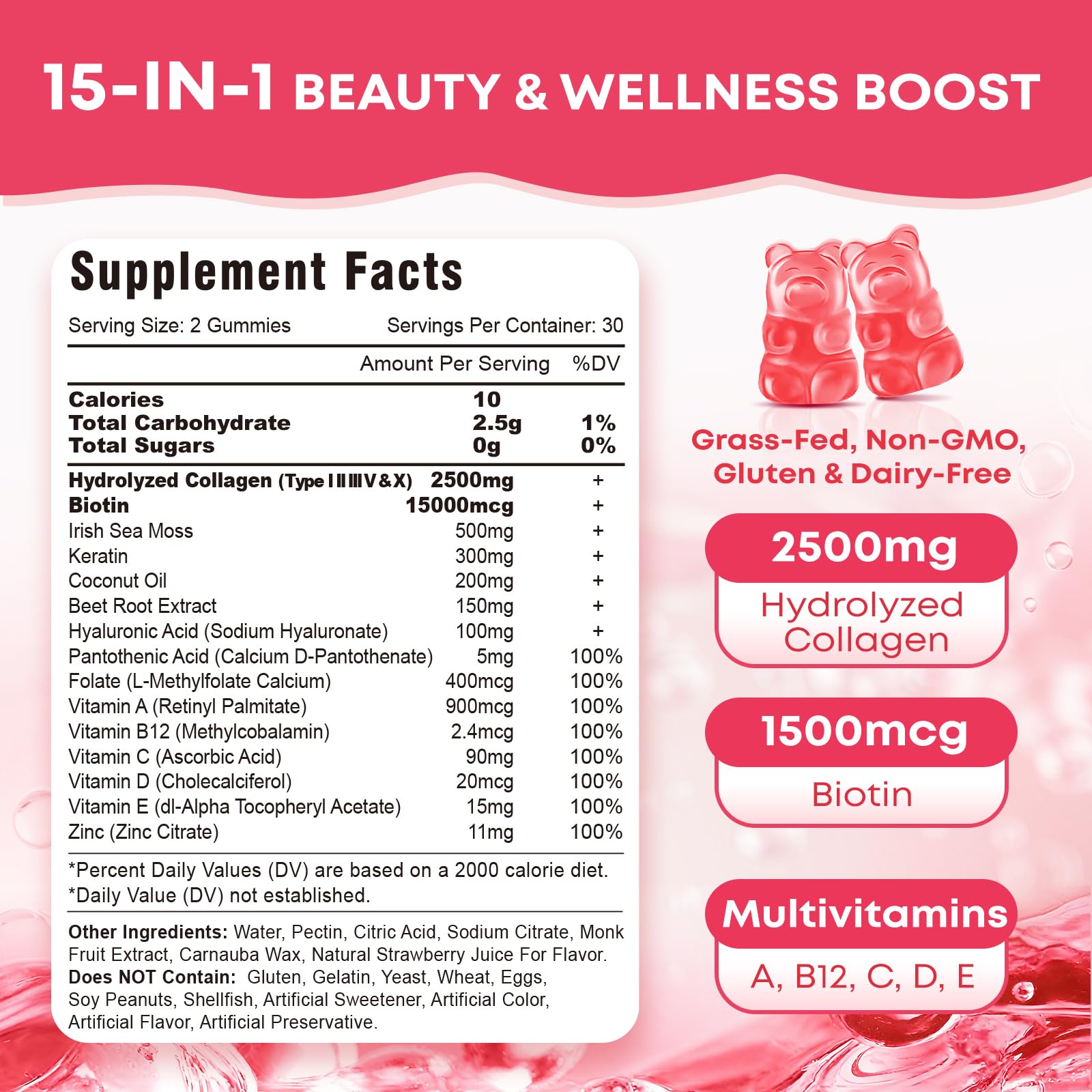 Collagen Peptide Gummies for Women & Men Sugar Free, Hydrolyzed Collagen with Biotin for Hair Skin Nails Digestion, Multi Collagen Protein Type I II III V X with Hyaluronic Acid & Vitamin C, 60 Count