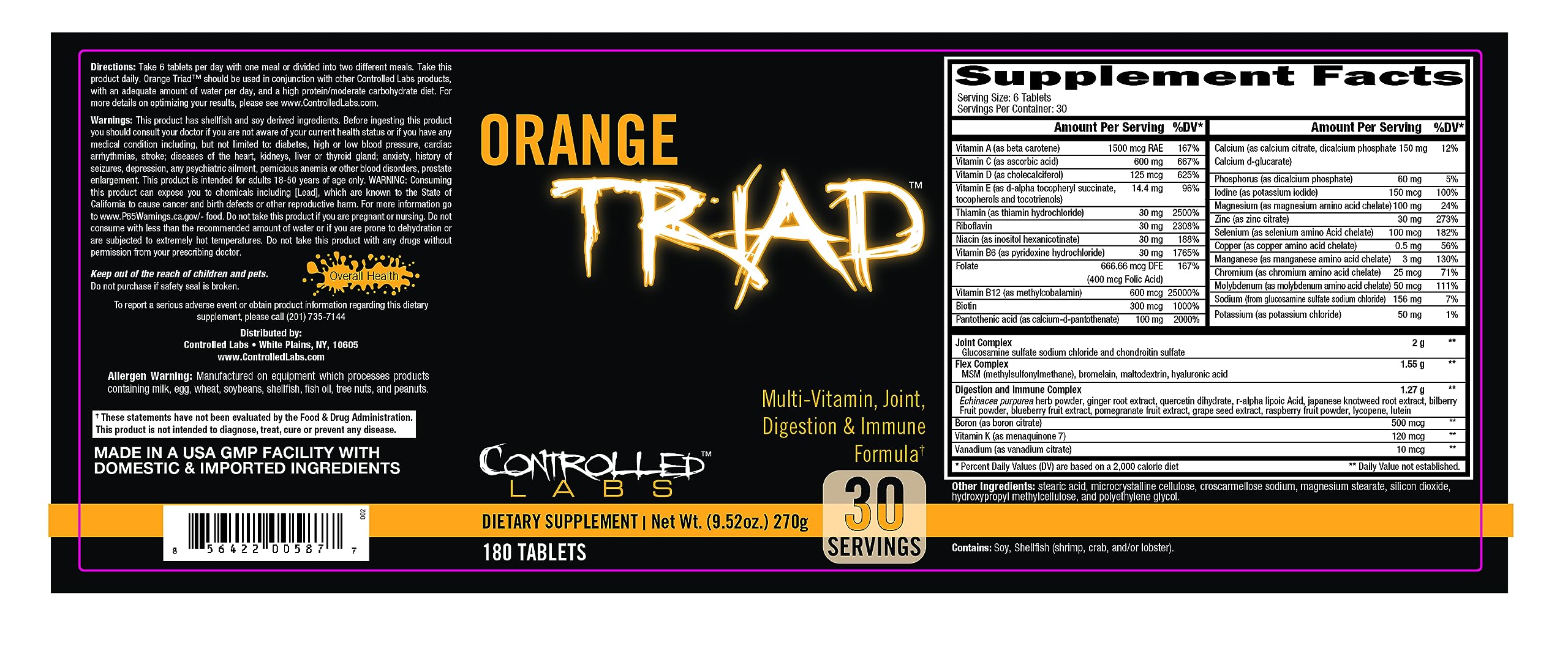 CONTROLLED LABS Orange Triad Daily Multivitamin, Iron Free Sports Supplement for Workout, Digestion, Immune, and Joints, 30 serv - Tablets (180 Count (Pack of 1))